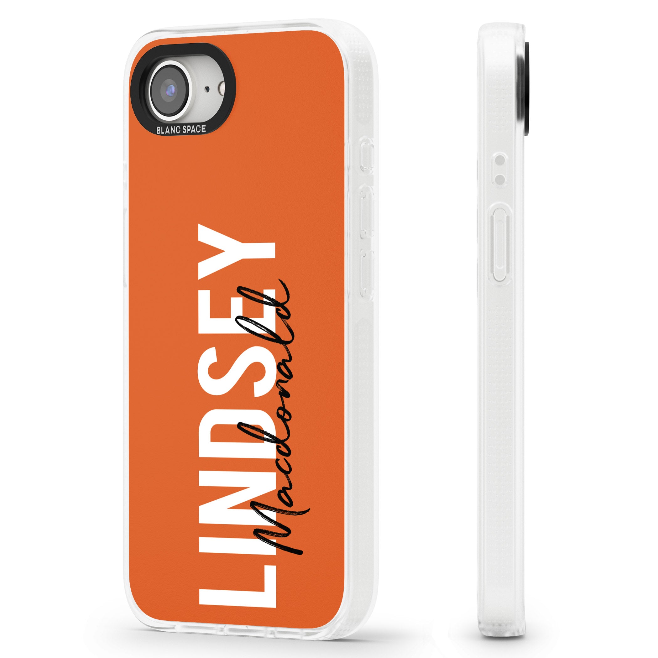 Personalised Bold Name: Orange iPhone 16e Clear Case Impact Air - Blanc Space