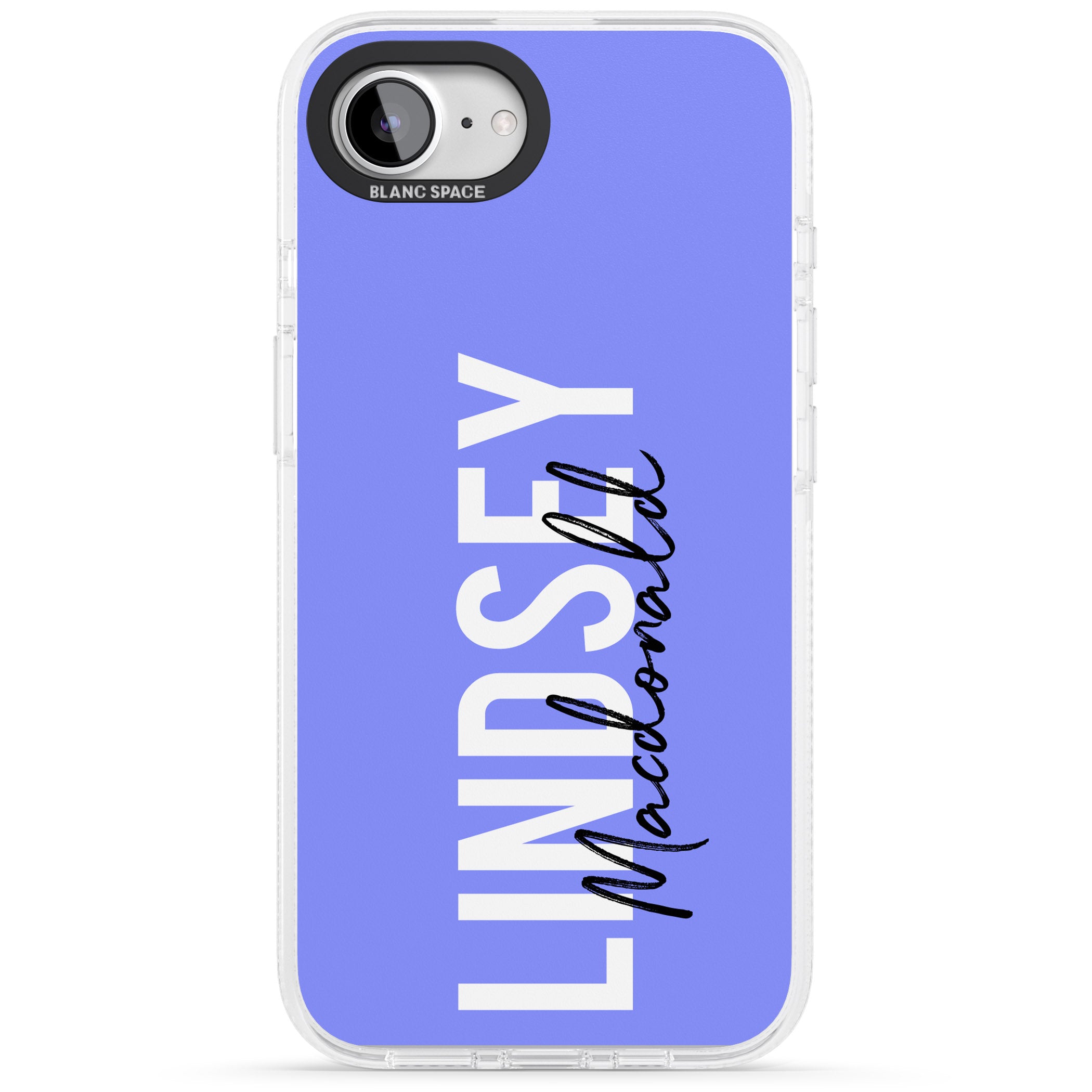 Personalised Bold Name: Purple iPhone 16e Clear Case Impact Air - Blanc Space