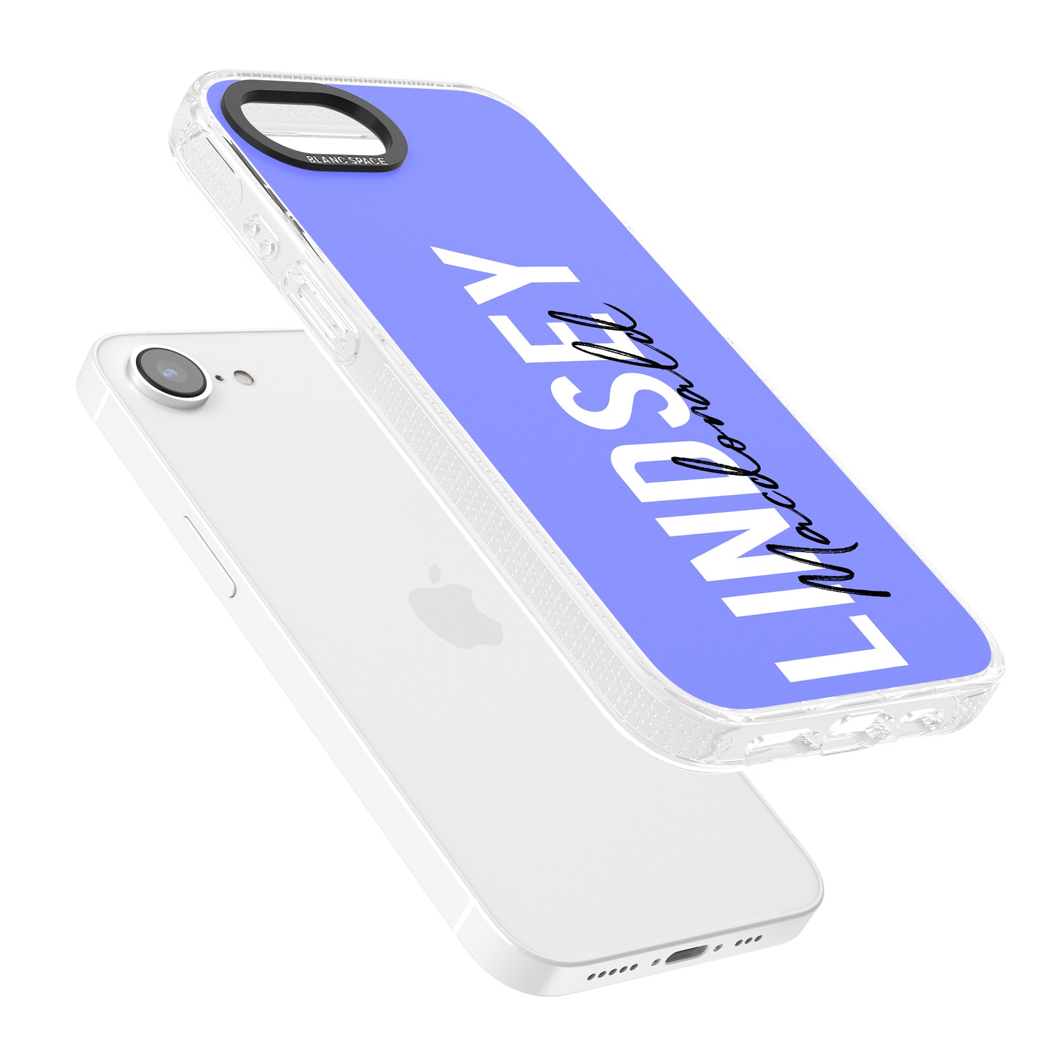 Personalised Bold Name: Purple iPhone 16e Clear Case Impact Air - Blanc Space