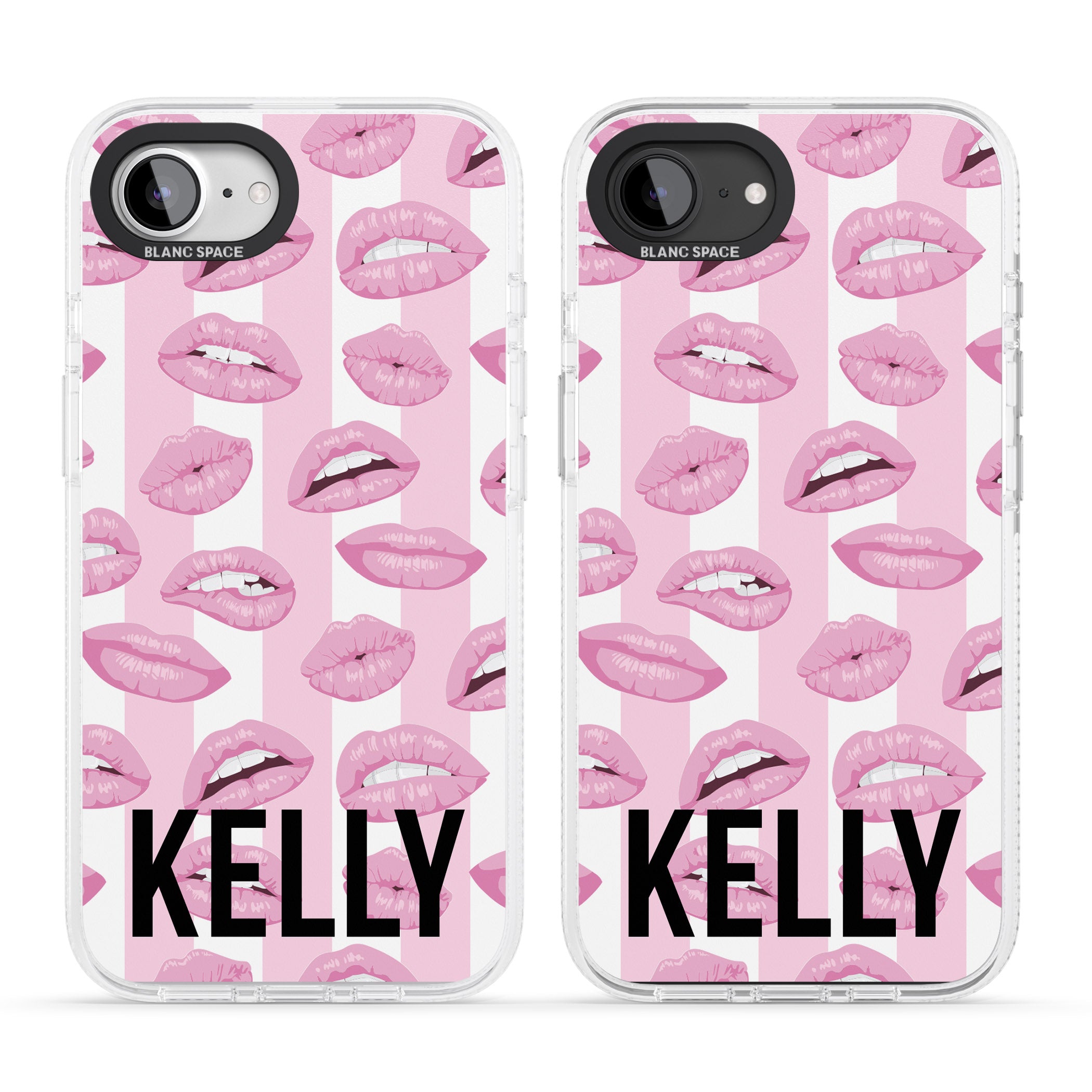 Personalised Pink Stripes & Lips iPhone 16e Clear Case Impact Air - Blanc Space