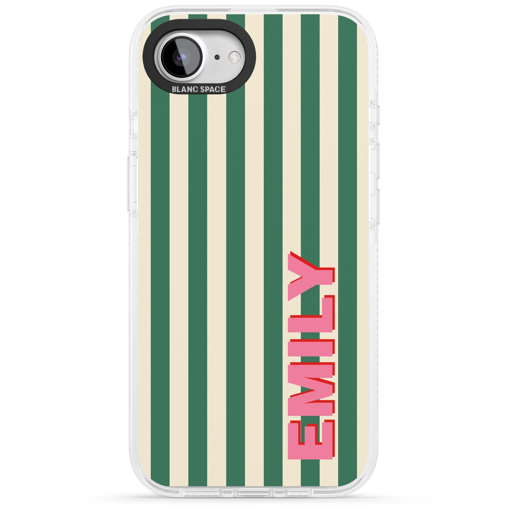 Wimbledon Stripe preppy iPhone case featuring green and cream vertical stripes with a personalised pink name | Clear Case Impact Air case for iPhone 16e, iPhone 17e