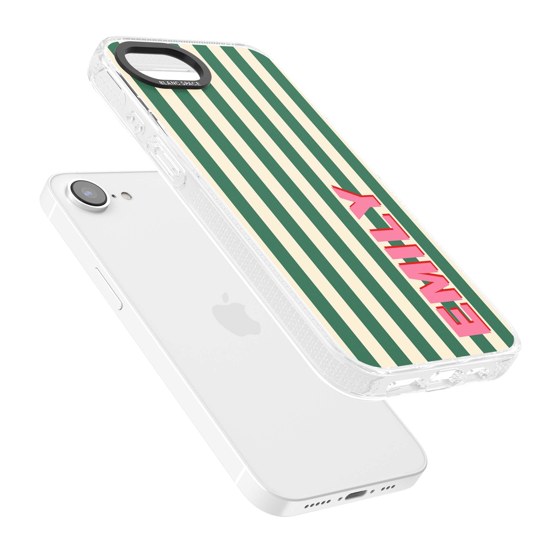 Wimbledon Stripe preppy iPhone case featuring green and cream vertical stripes with a personalised pink name | Clear Case Impact Air case for iPhone 16e, iPhone 17e