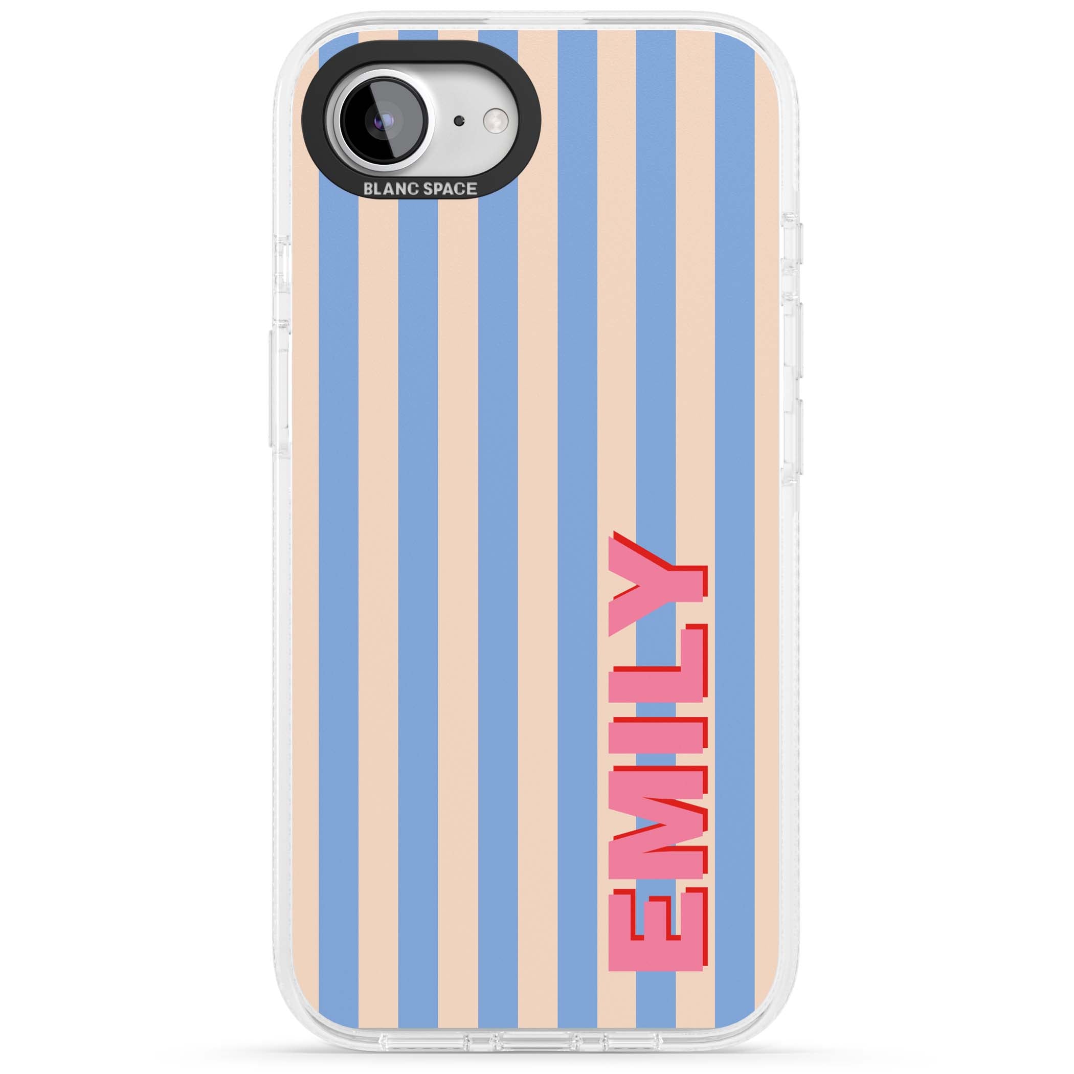 Coastal Stripe personalised coastal iPhone case with blue and peach vertical stripes and custom pink name | Clear Case Impact Air case for iPhone 16e, iPhone 17e