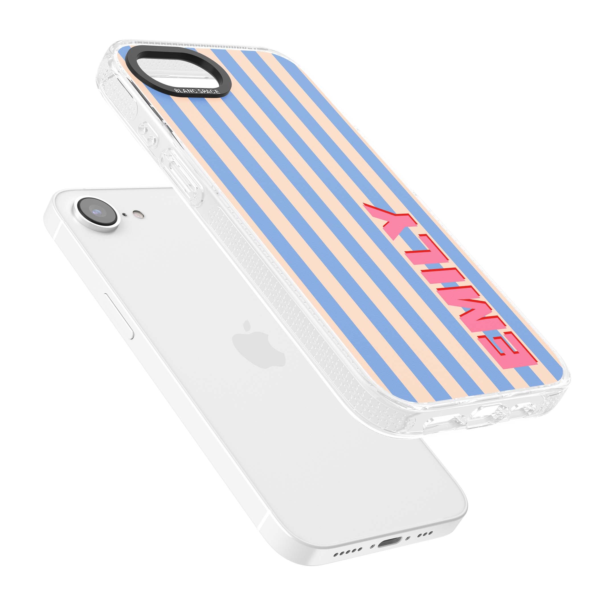 Coastal Stripe personalised coastal iPhone case with blue and peach vertical stripes and custom pink name | Clear Case Impact Air case for iPhone 16e, iPhone 17e