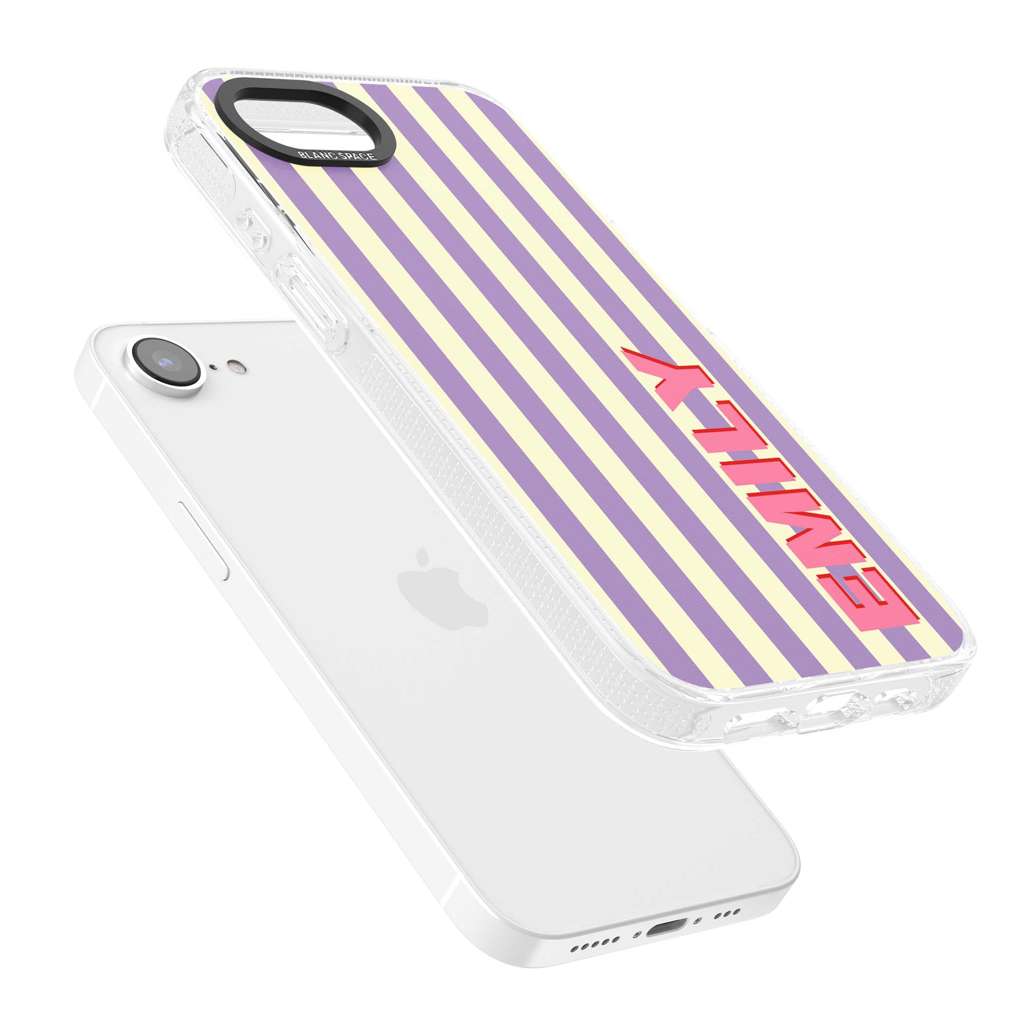 Valensole Stripe personalised iPhone case with purple and cream vertical stripes and pink custom name | Clear Case Impact Air case for iPhone 16e, iPhone 17e