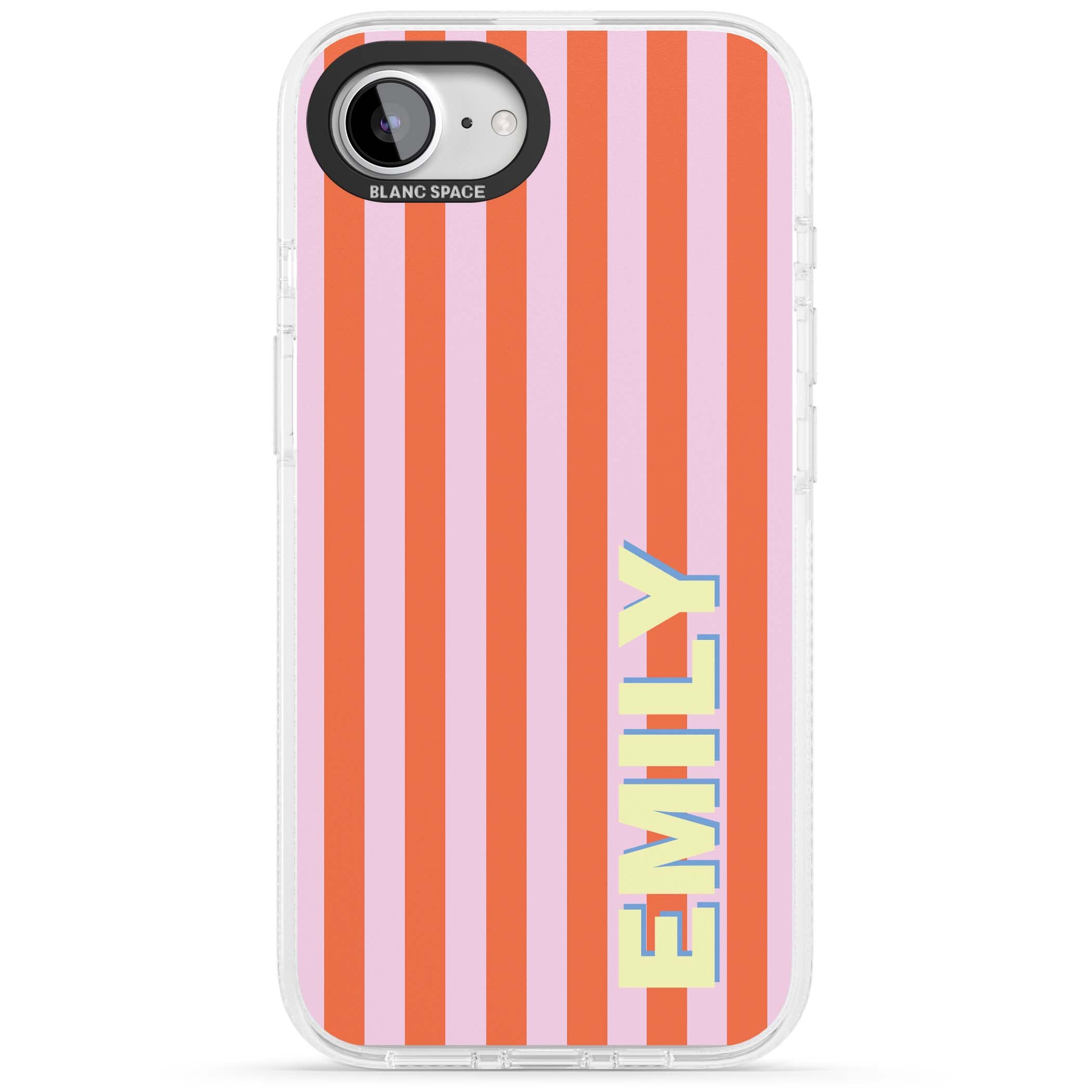 Havana Stripe personalised iPhone case featuring pink and orange vertical stripes with a custom yellow name | Clear Case Impact Air case for iPhone 16e, iPhone 17e