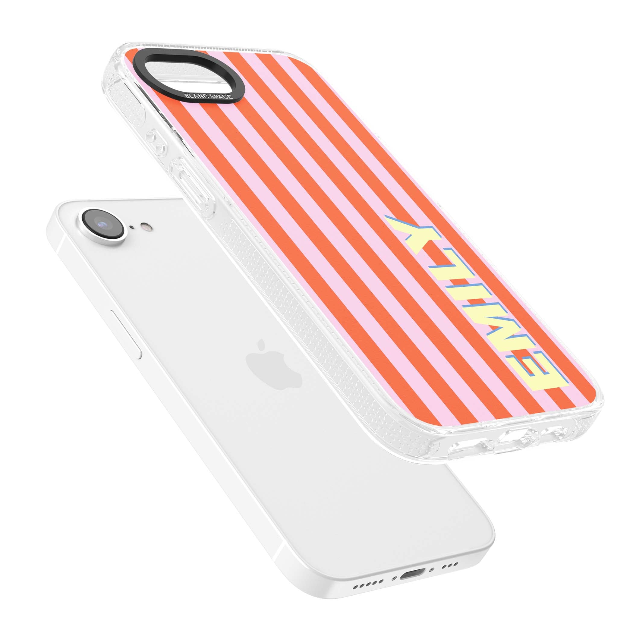 Havana Stripe personalised iPhone case featuring pink and orange vertical stripes with a custom yellow name | Clear Case Impact Air case for iPhone 16e, iPhone 17e