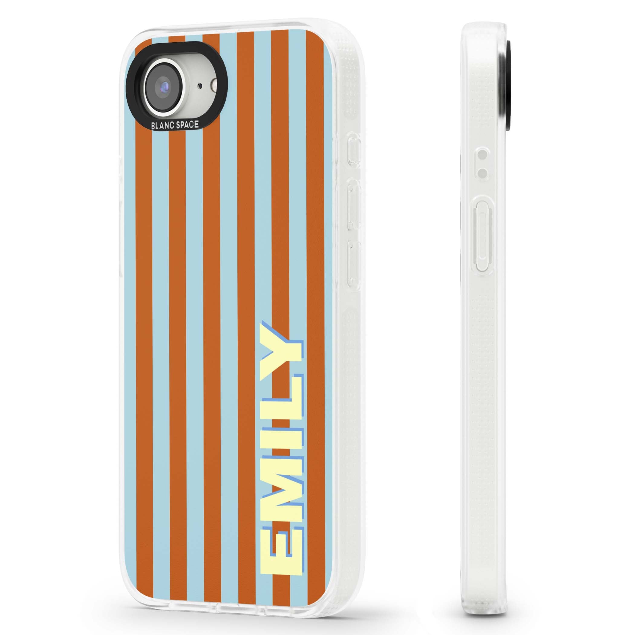 Cappadocia Stripe personalised coastal iPhone case featuring blue and orange vertical stripes with custom cream name | Clear Case Impact Air case for iPhone 16e, iPhone 17e