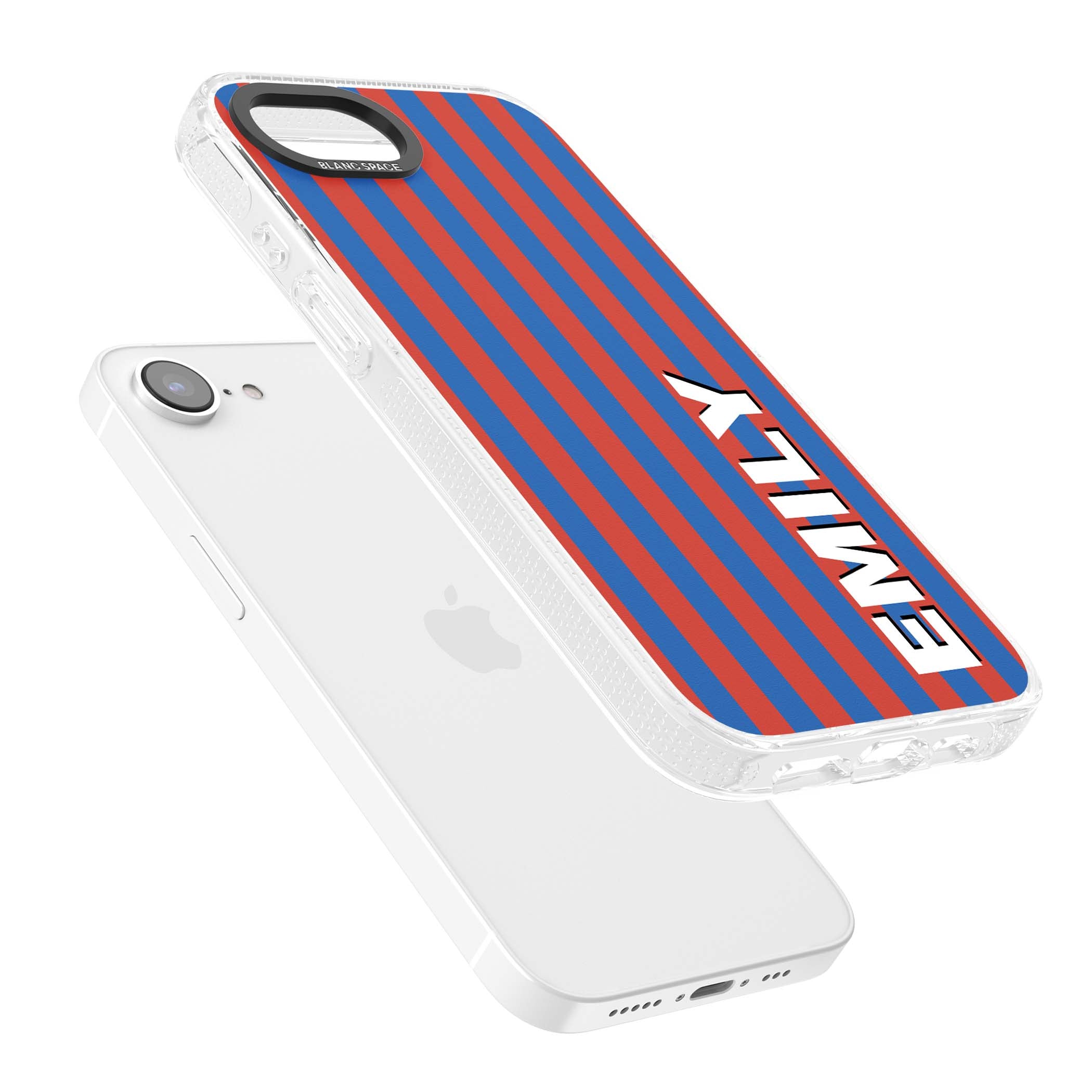 Cuban Stripe personalised iPhone case featuring red and blue vertical stripes with custom name in bold white letters | Clear Case Impact Air case for iPhone 16e, iPhone 17e