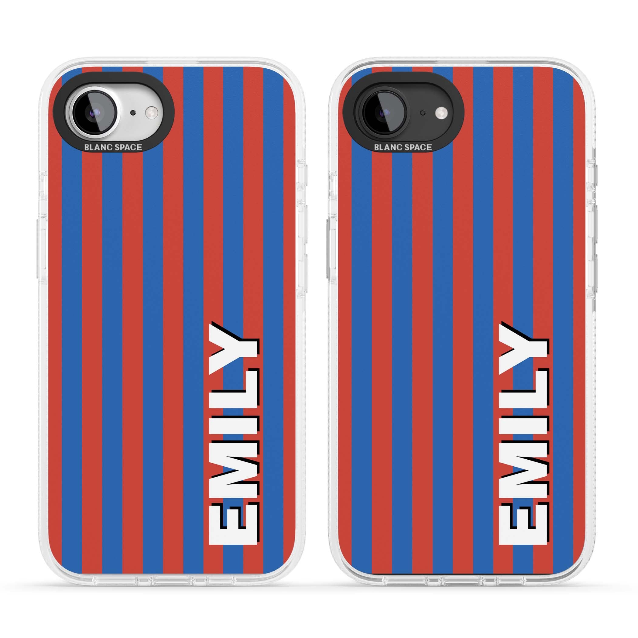 Cuban Stripe personalised iPhone case featuring red and blue vertical stripes with custom name in bold white letters | Clear Case Impact Air case for iPhone 16e, iPhone 17e