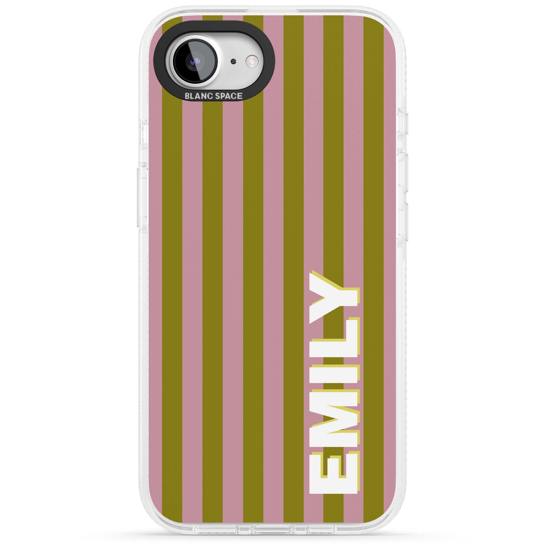 Istanbul Stripe personalised iPhone case featuring pink and olive green vertical stripes with a custom vertical name | Clear Case Impact Air case for iPhone 16e, iPhone 17e