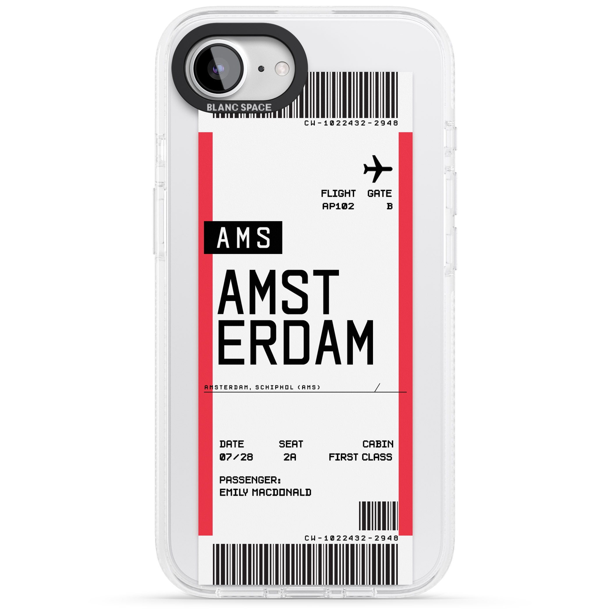 Personalised Amsterdam Boarding Pass iPhone 16e Clear Case Impact Air - Blanc Space