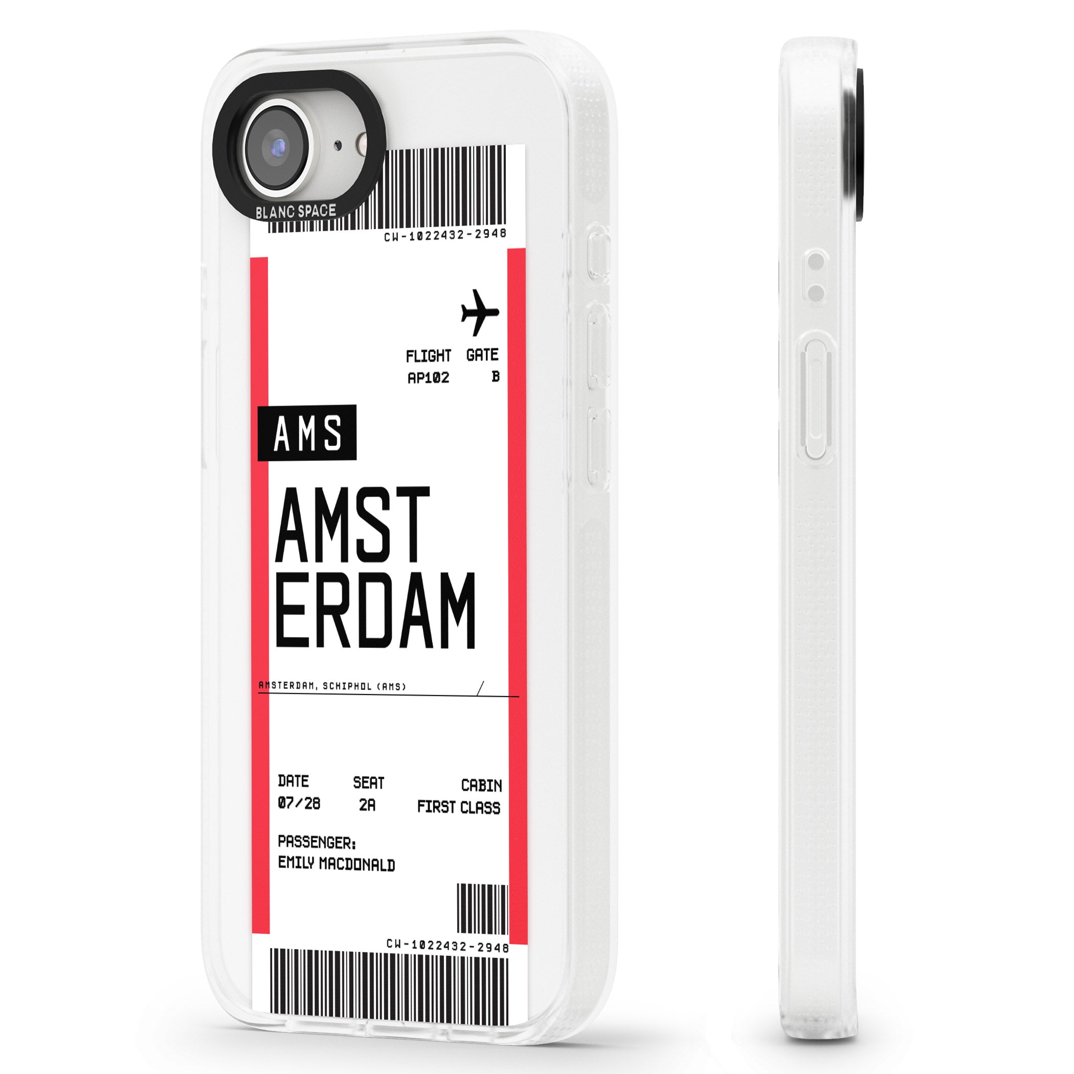 Personalised Amsterdam Boarding Pass iPhone 16e Clear Case Impact Air - Blanc Space