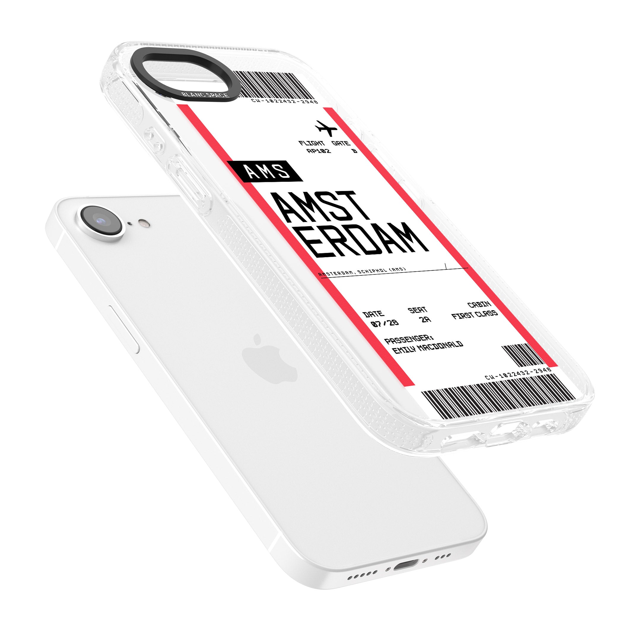 Personalised Amsterdam Boarding Pass iPhone 16e Clear Case Impact Air - Blanc Space