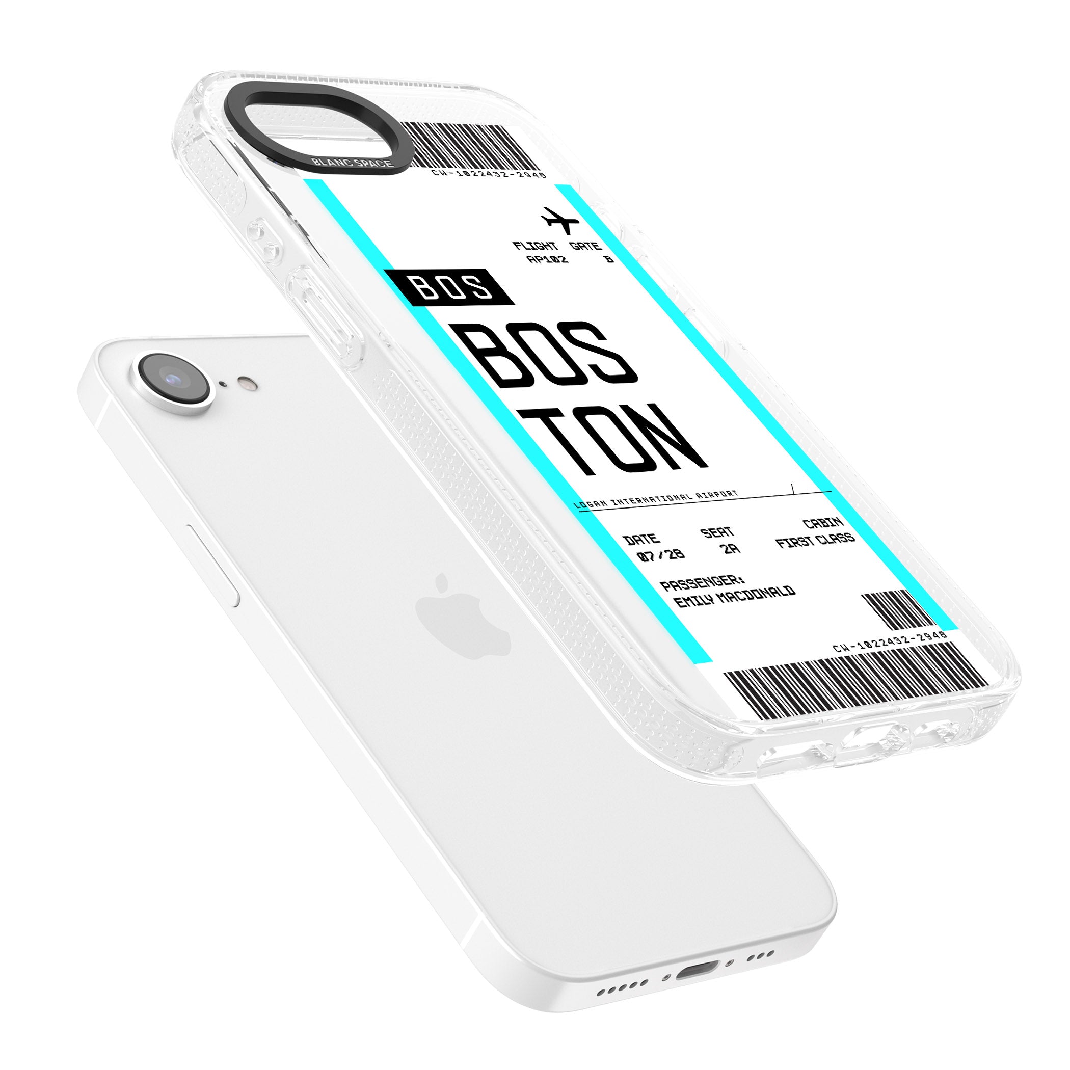Personalised Boston Boarding Pass iPhone 16e Clear Case Impact Air - Blanc Space