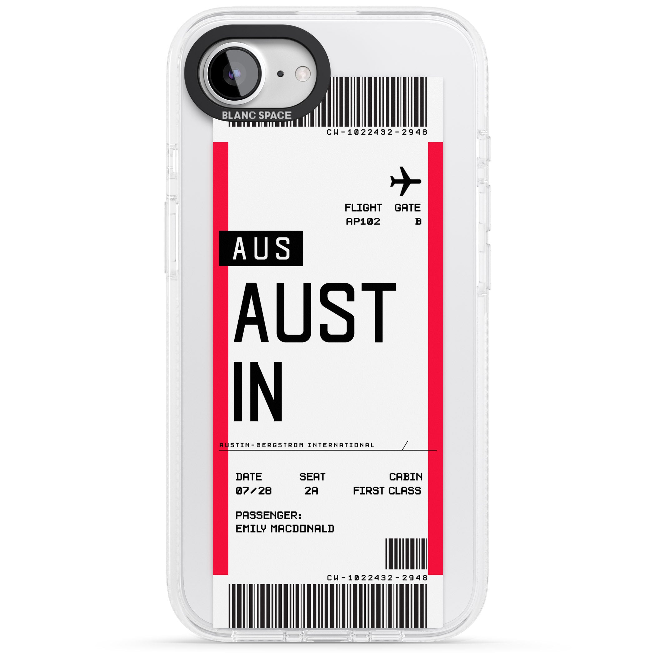 Personalised Austin Boarding Pass iPhone 16e Clear Case Impact Air - Blanc Space