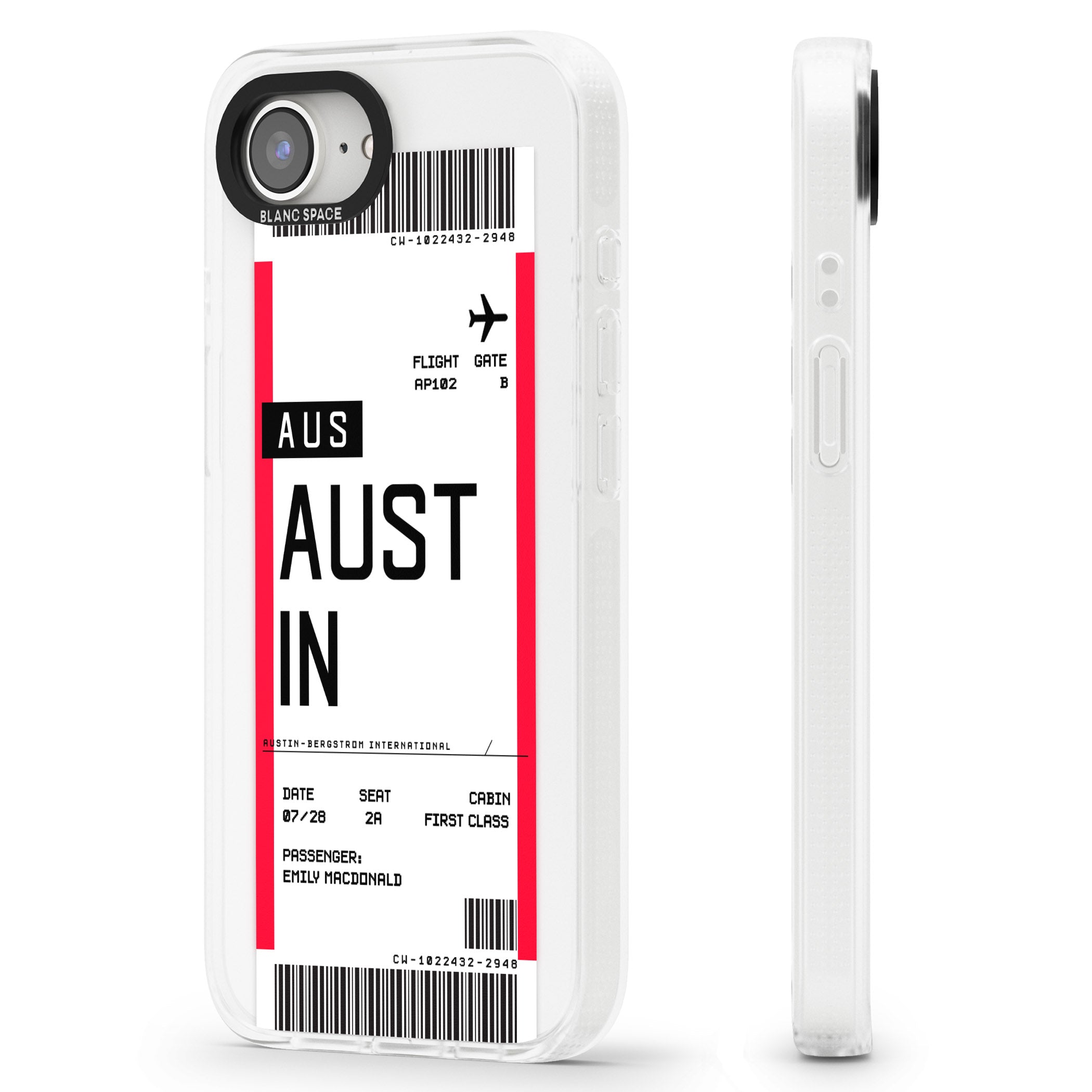Personalised Austin Boarding Pass iPhone 16e Clear Case Impact Air - Blanc Space
