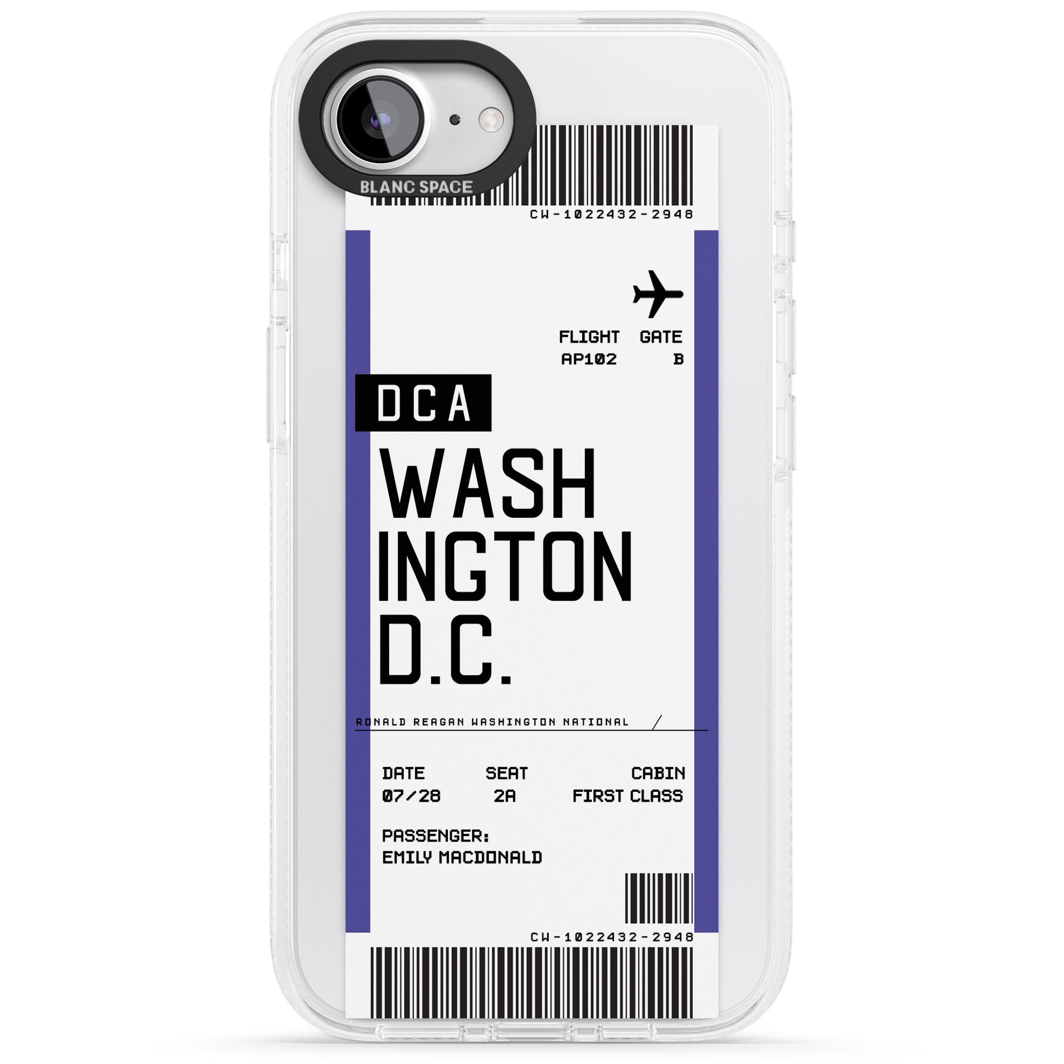 Personalised Washington D.C. Boarding Pass iPhone 16e Clear Case Impact Air - Blanc Space