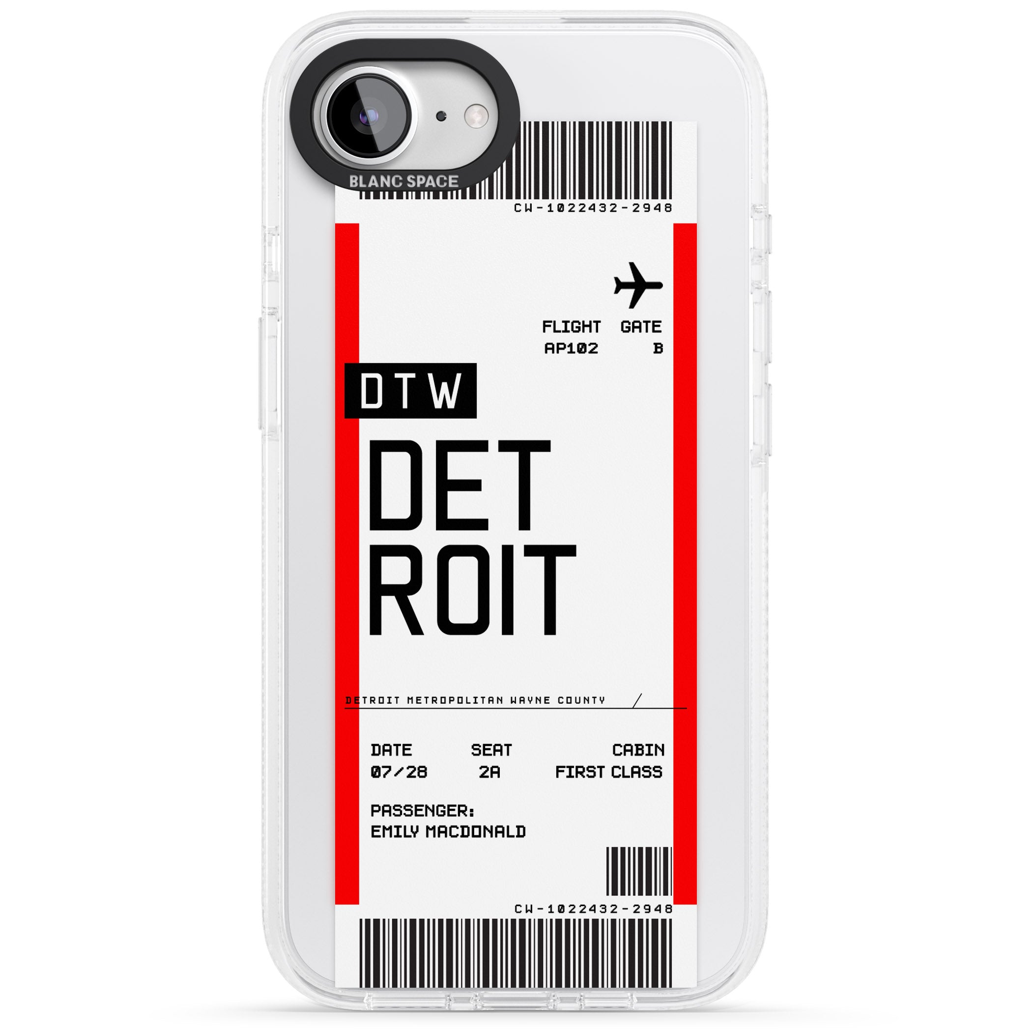 Personalised Detroit Boarding Pass iPhone 16e Clear Case Impact Air - Blanc Space