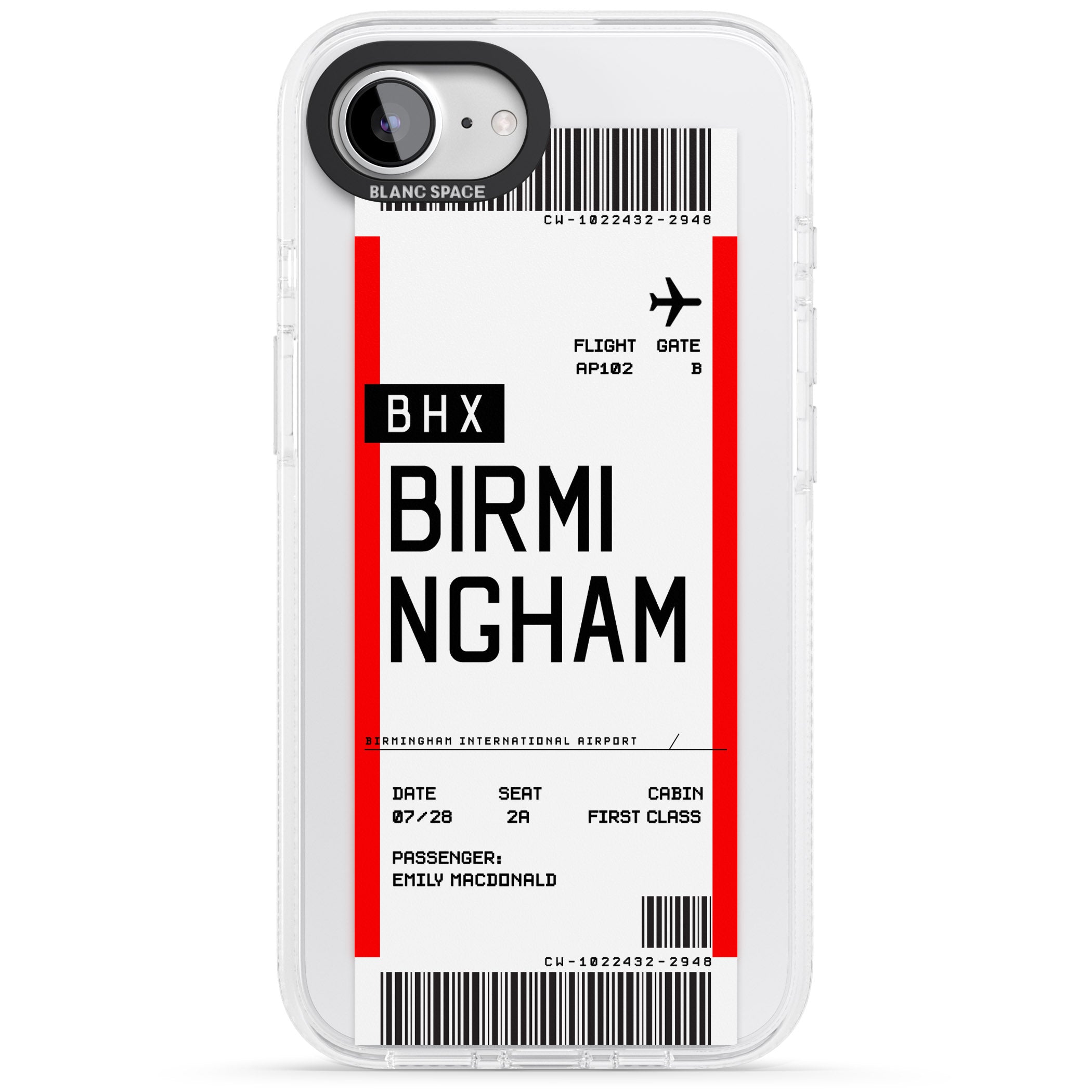 Personalised Birmingham Boarding Pass iPhone 16e Clear Case Impact Air - Blanc Space