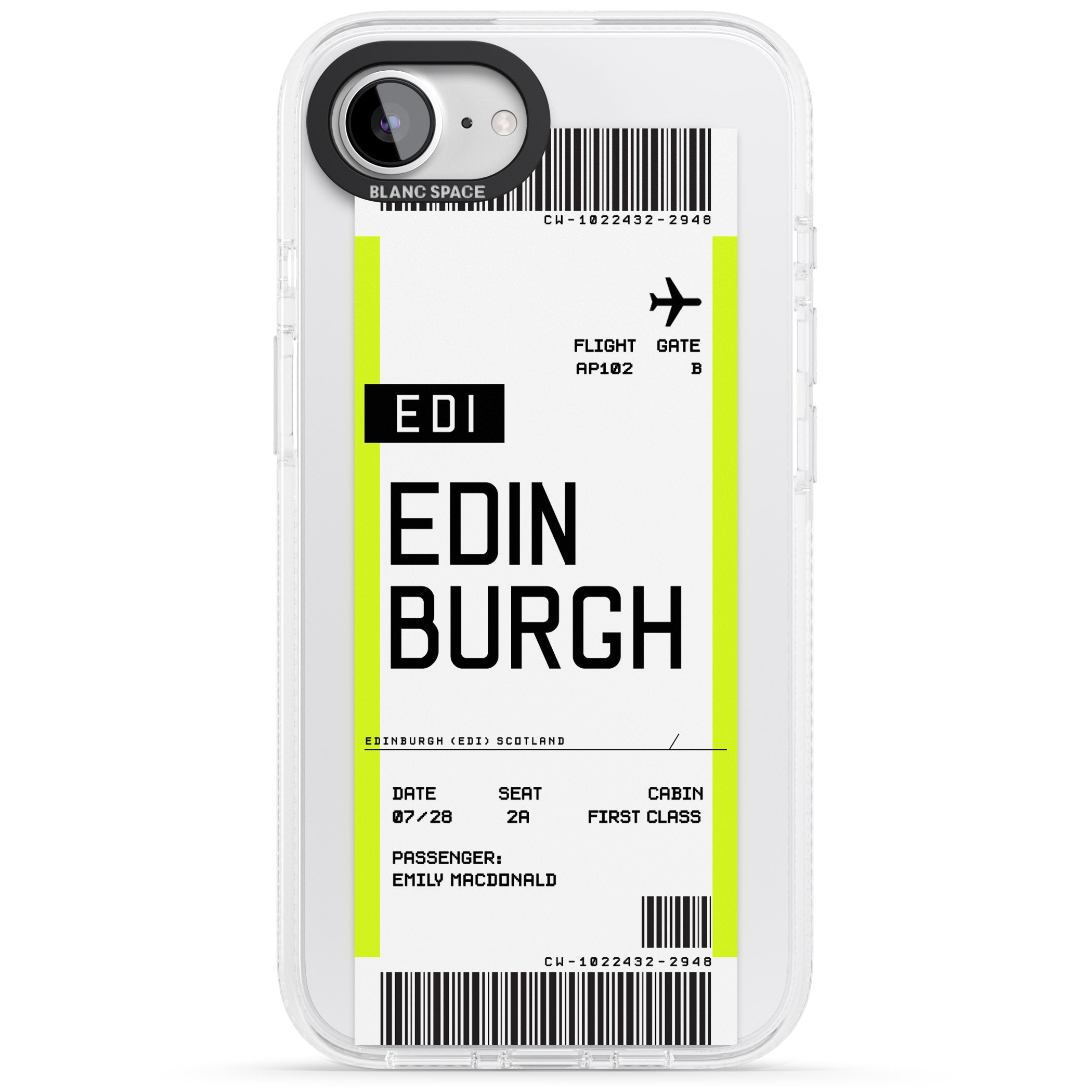 Personalised Edinburgh Boarding Pass iPhone 16e Clear Case Impact Air - Blanc Space