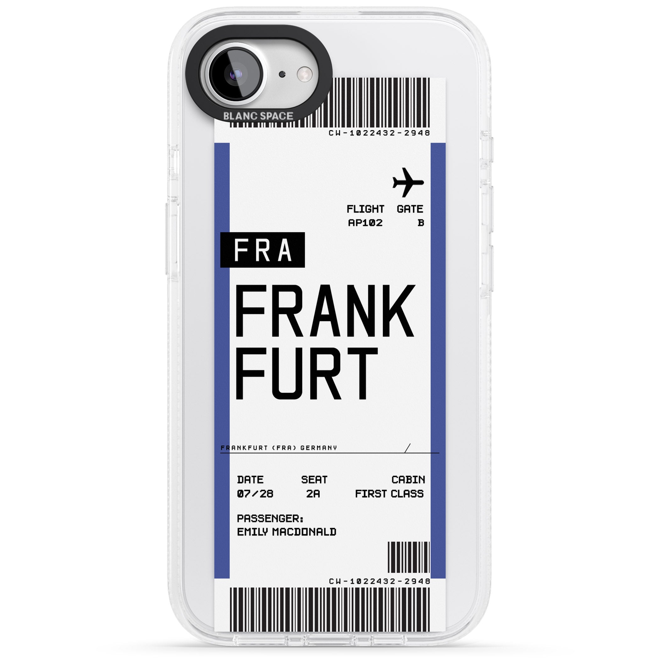 Personalised Frankfurt Boarding Pass iPhone 16e Clear Case Impact Air - Blanc Space