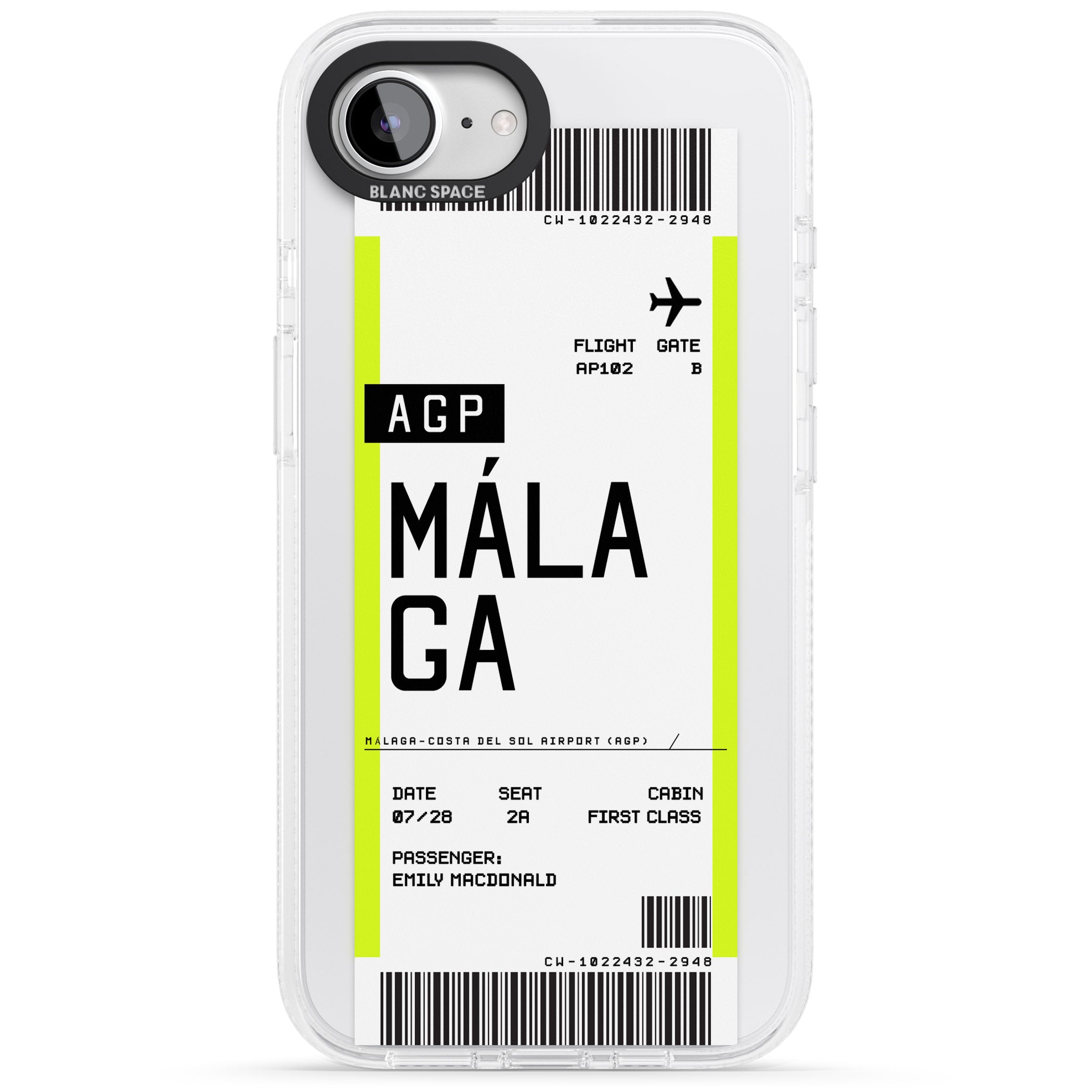 Personalised Málaga Boarding Pass iPhone 16e Clear Case Impact Air - Blanc Space