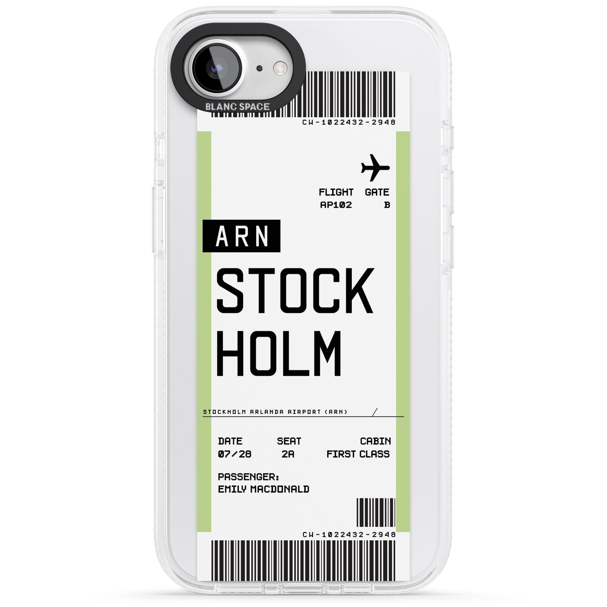 Personalised Stockholm Boarding Pass iPhone 16e Clear Case Impact Air - Blanc Space
