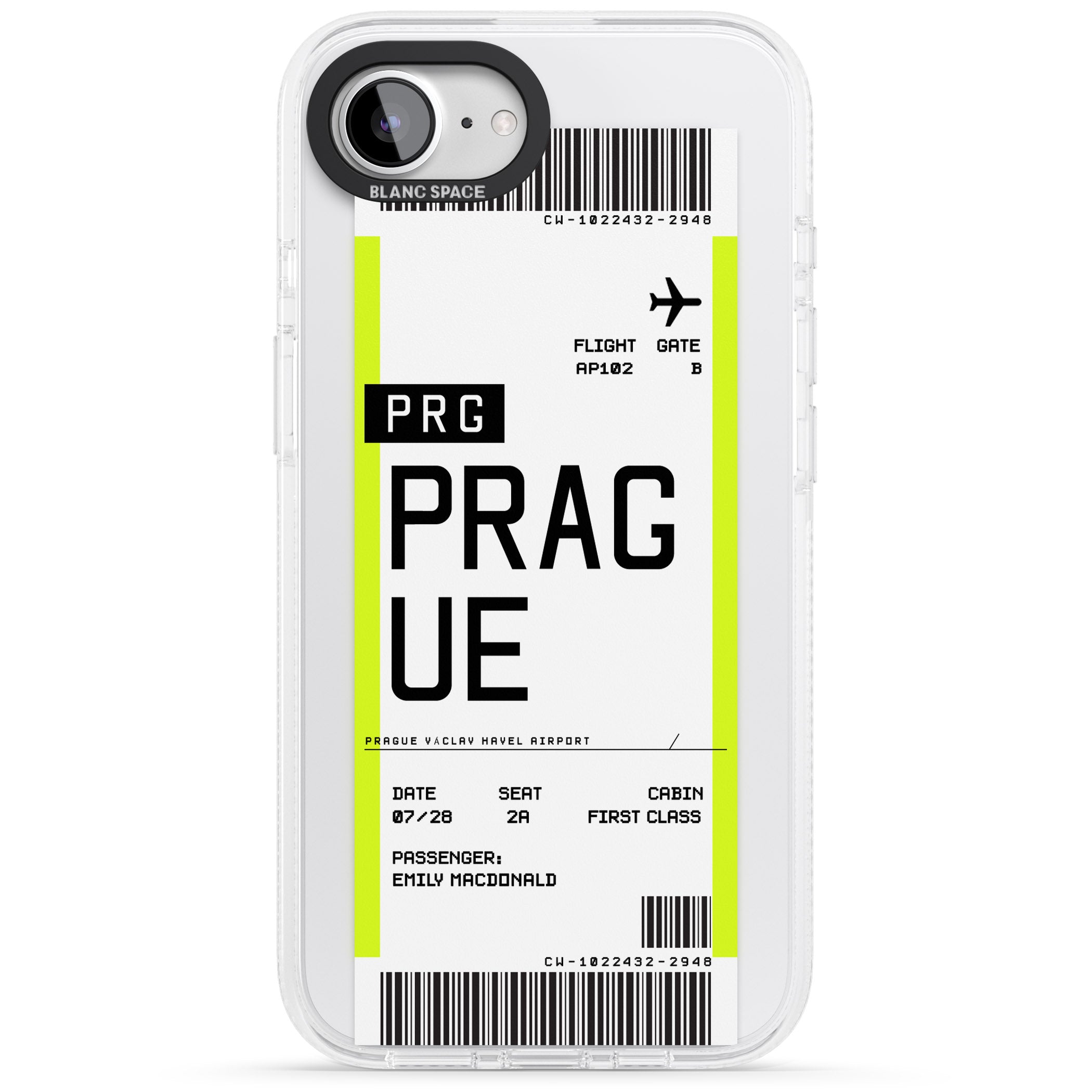 Personalised Prague Boarding Pass iPhone 16e Clear Case Impact Air - Blanc Space