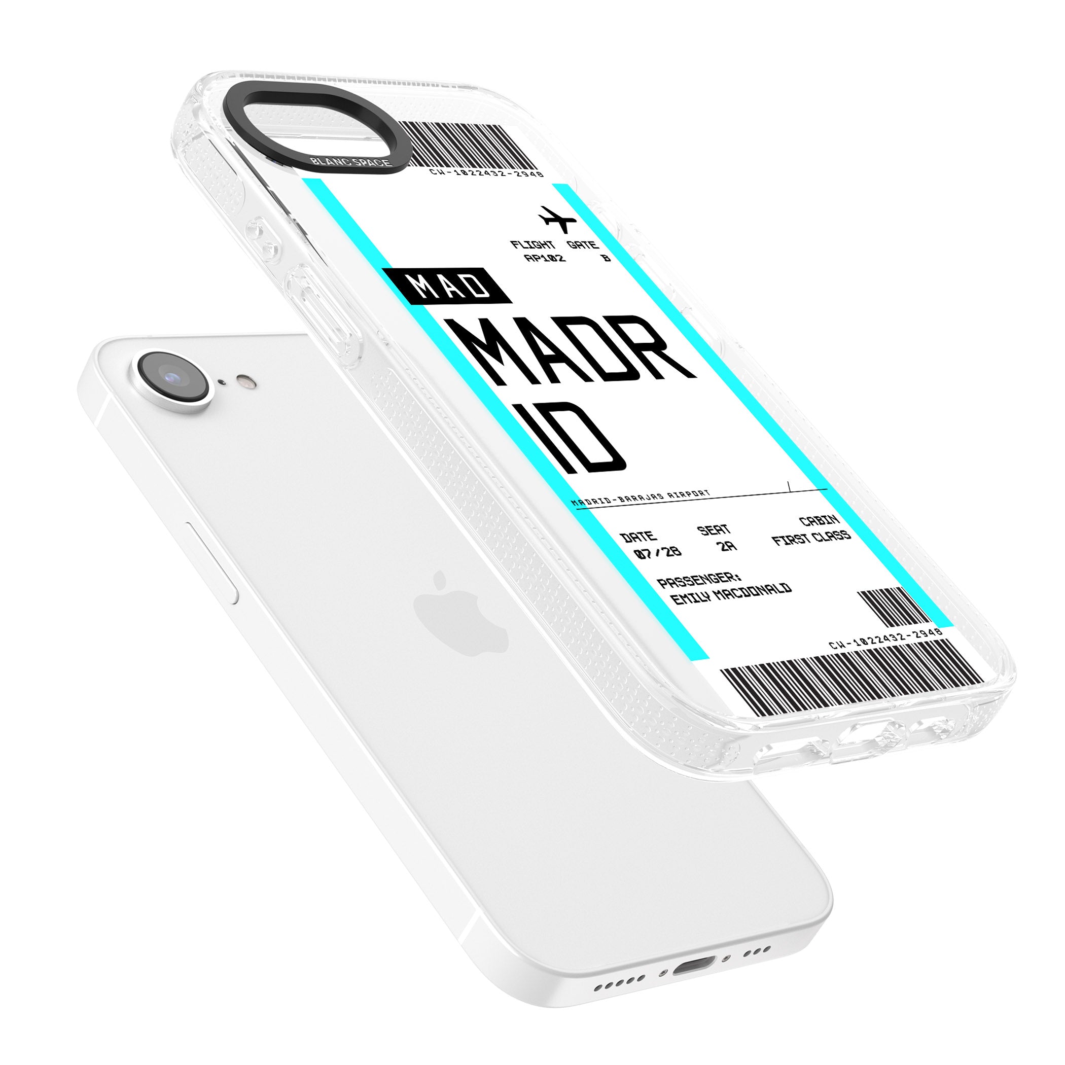 Personalised Madrid Boarding Pass iPhone 16e Clear Case Impact Air - Blanc Space