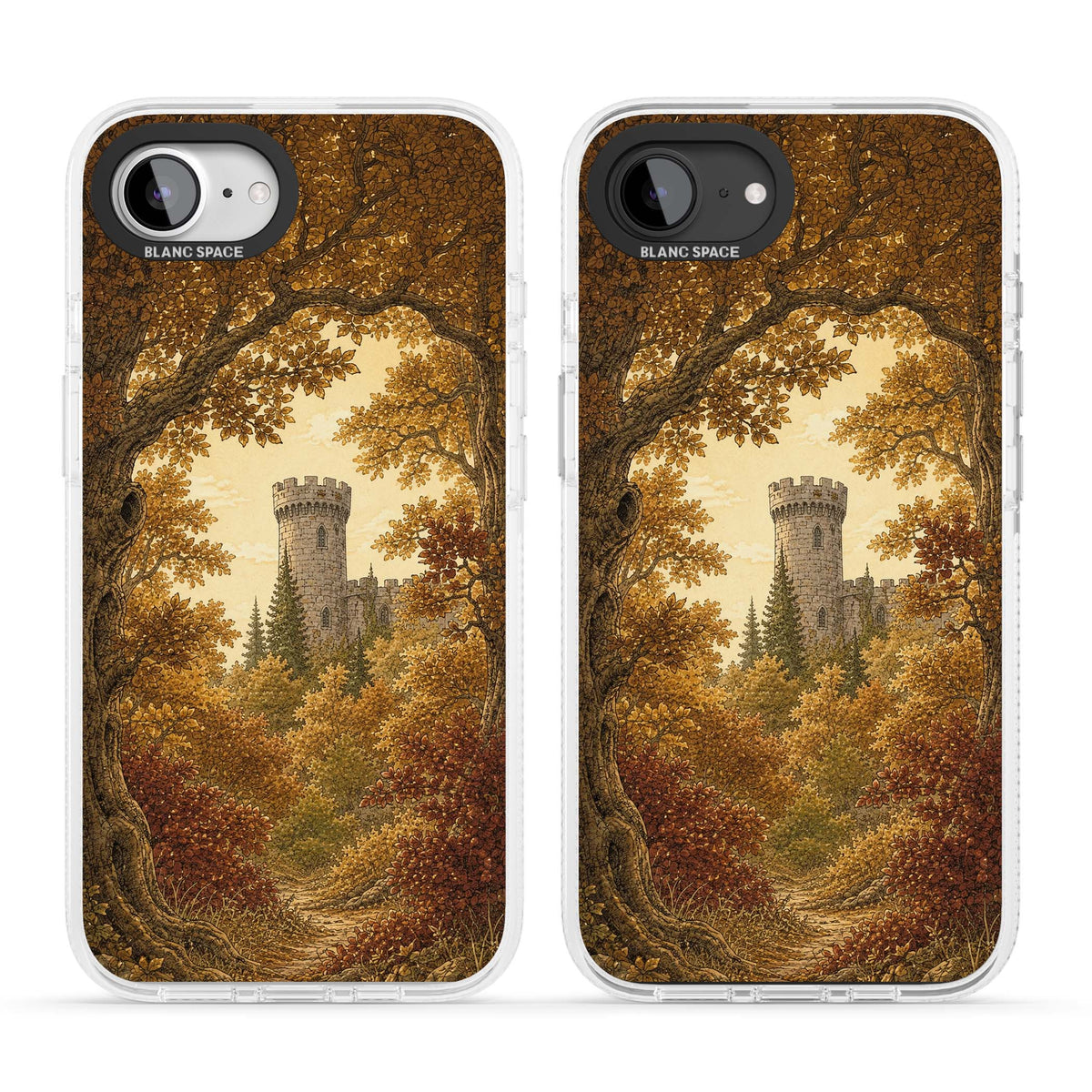 Autumn Keep cottagecore iPhone case featuring a medieval castle tower framed by golden autumn trees and woodland foliage | Clear Case Impact Air case for iPhone 16e, iPhone 17e