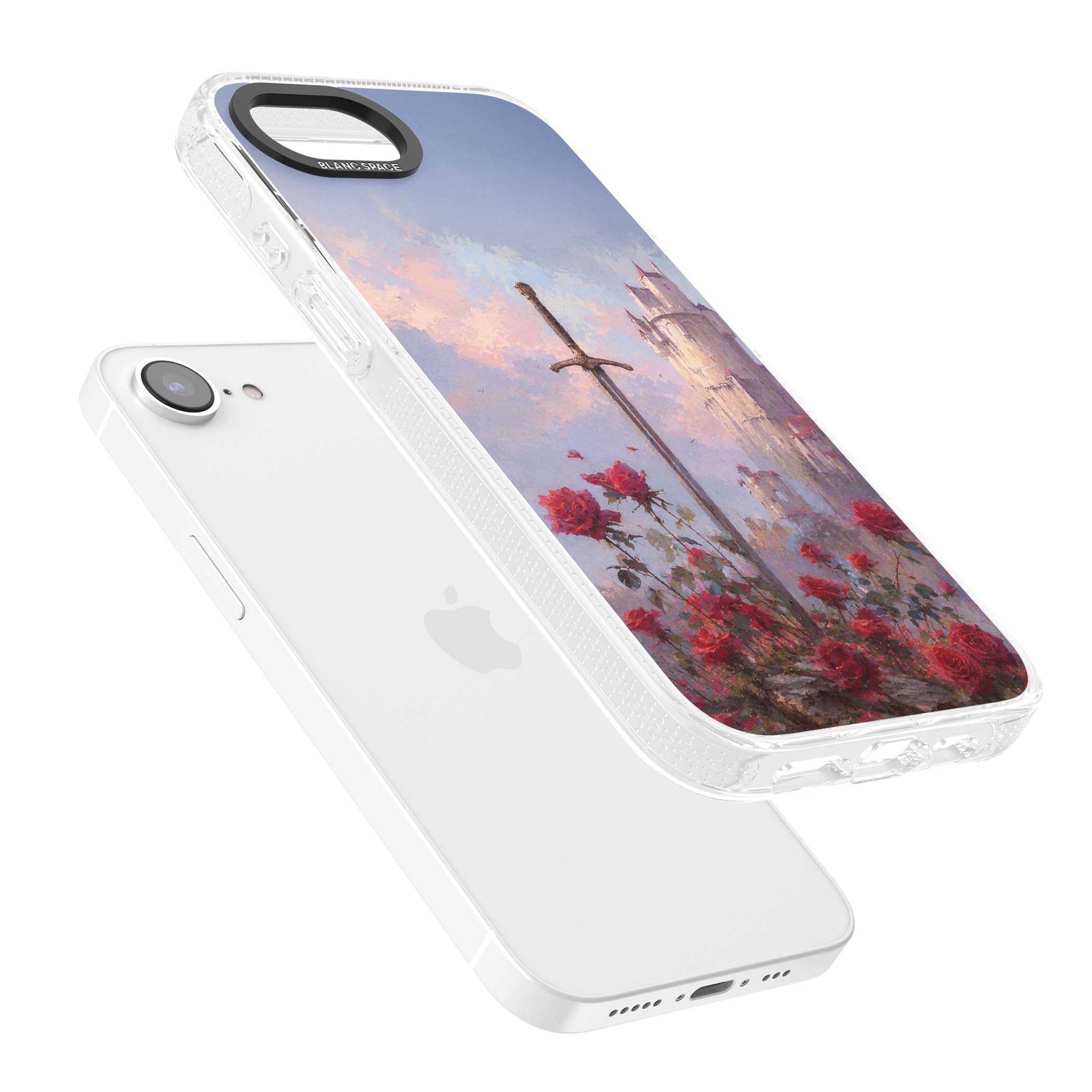 Sword in Roses medieval art iPhone case featuring a sword, red roses, and a misty fairytale castle at sunset | Clear Case Impact Air case for iPhone 16e, iPhone 17e