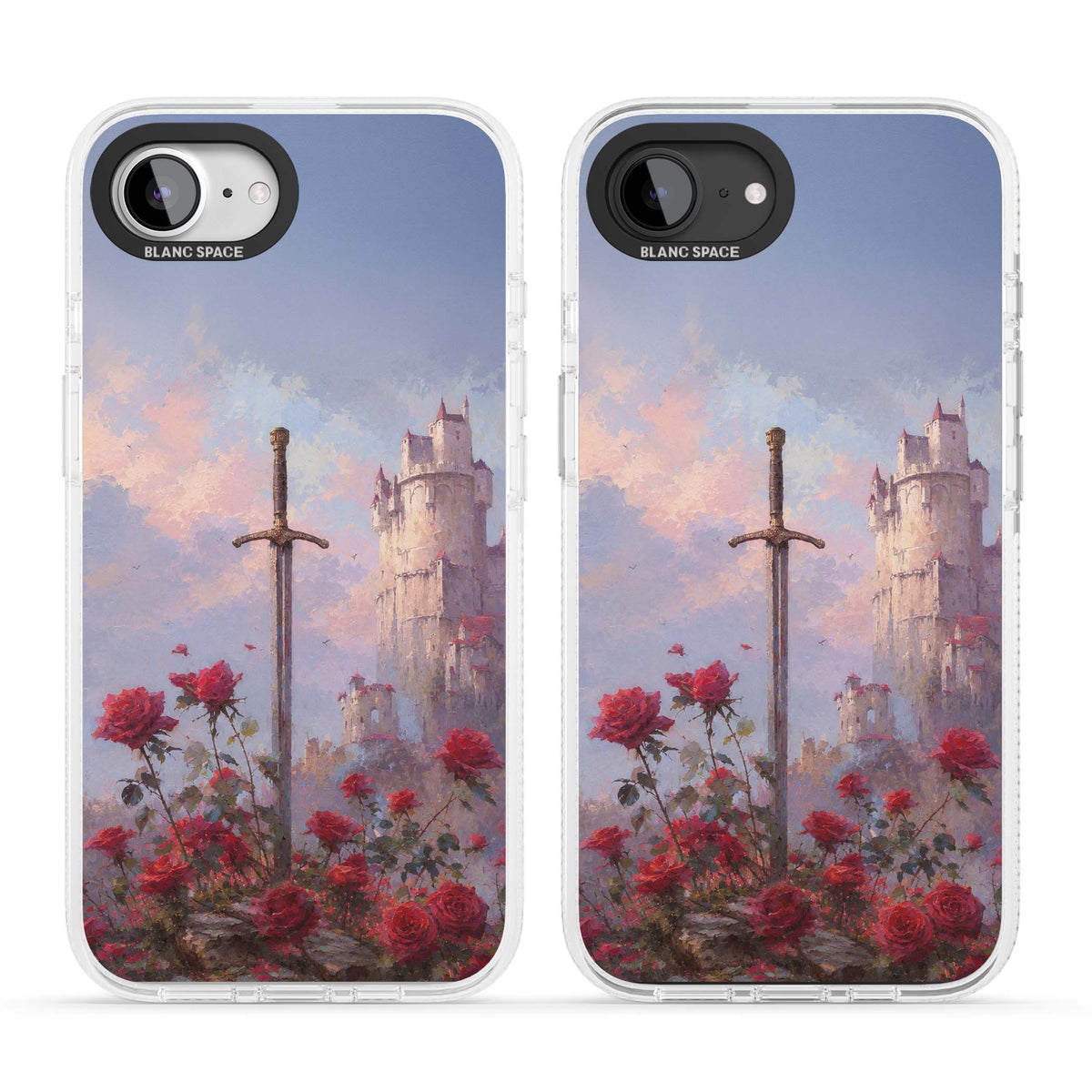 Sword in Roses medieval art iPhone case featuring a sword, red roses, and a misty fairytale castle at sunset | Clear Case Impact Air case for iPhone 16e, iPhone 17e