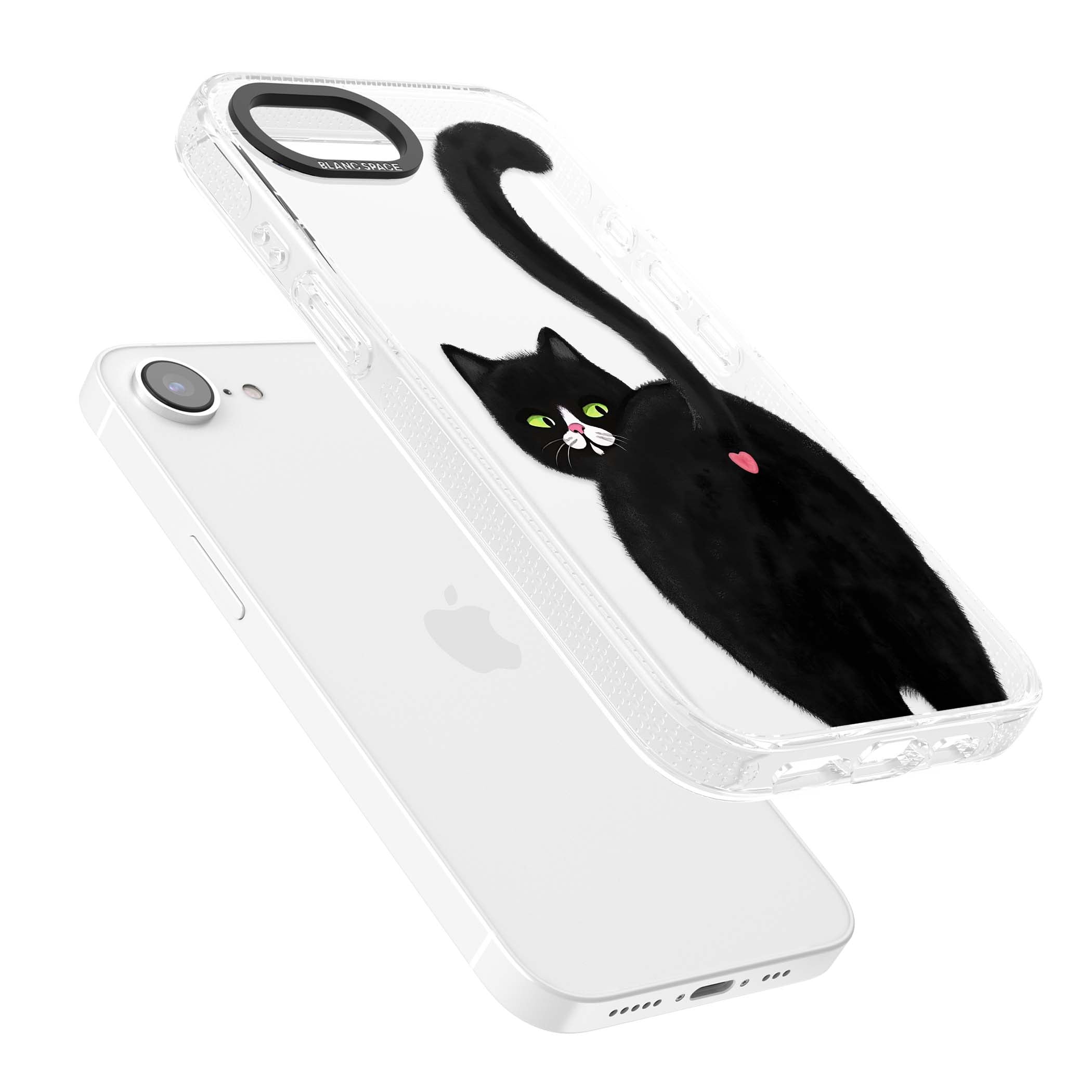The Cat's Kiss cute cat iPhone case featuring a hand-painted tuxedo kitty with green eyes and a pink heart on a clear  | Clear Case Impact Air case for iPhone 16e, iPhone 17e