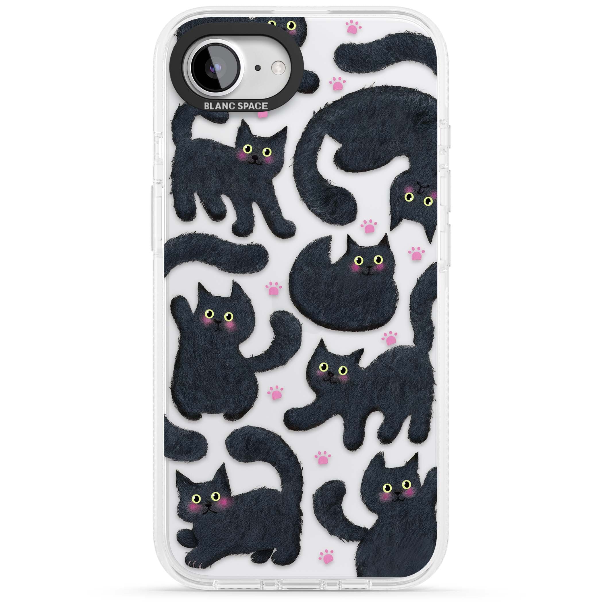 Midnight Cats cute iPhone case featuring black cat pattern with yellow eyes and pink paw prints | Clear Case Impact Air case for iPhone 16e, iPhone 17e