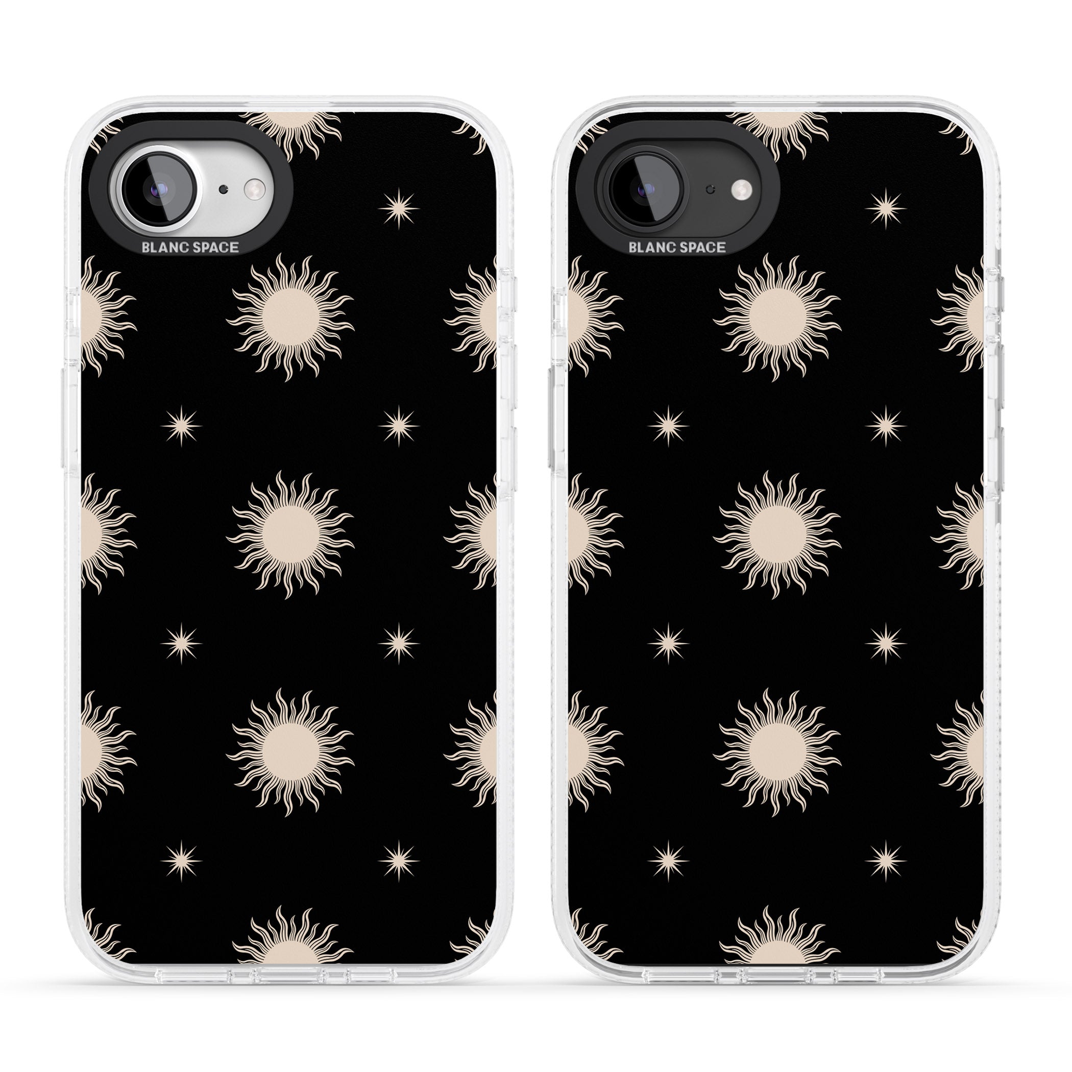 Celestial Patterns Classic Suns (Black) iPhone 16e Clear Case Impact Air - Blanc Space