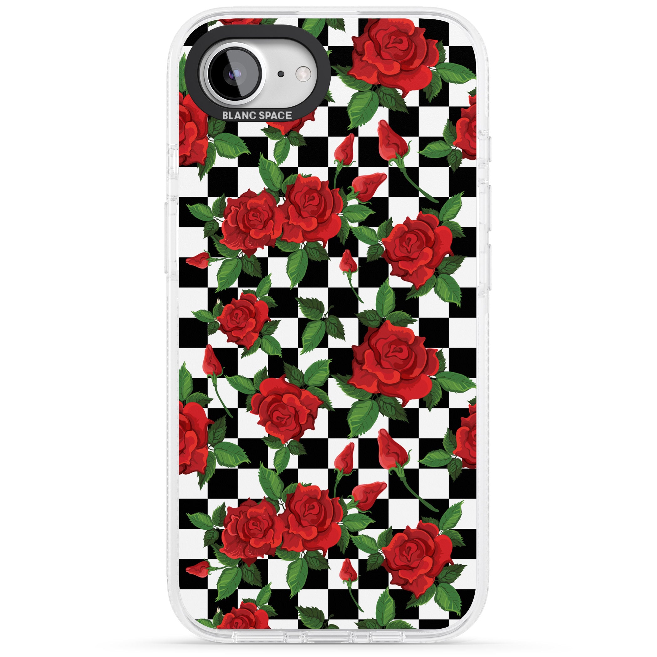 Checkered Pattern & Red Roses iPhone 16e Clear Case Impact Air - Blanc Space