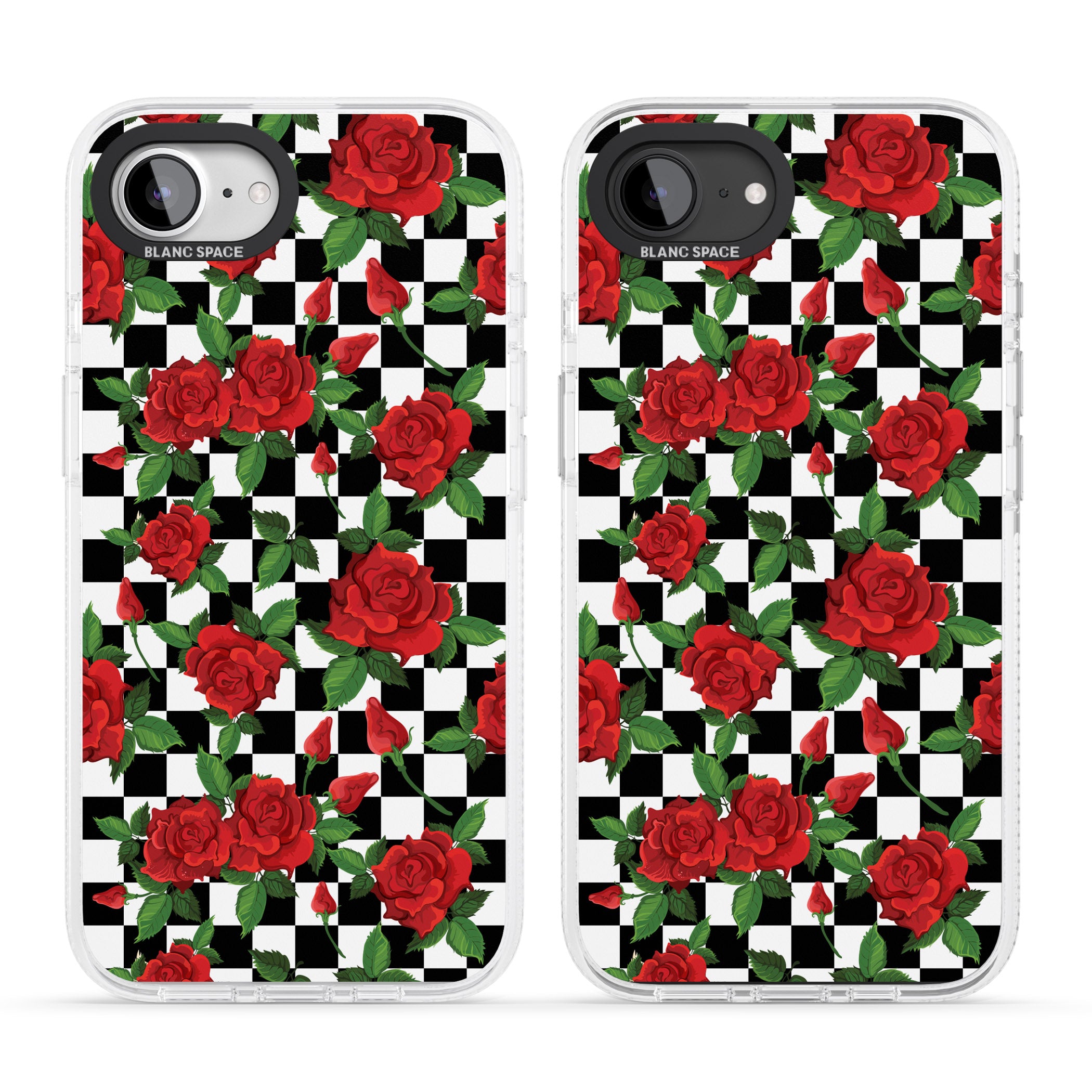 Checkered Pattern & Red Roses iPhone 16e Clear Case Impact Air - Blanc Space