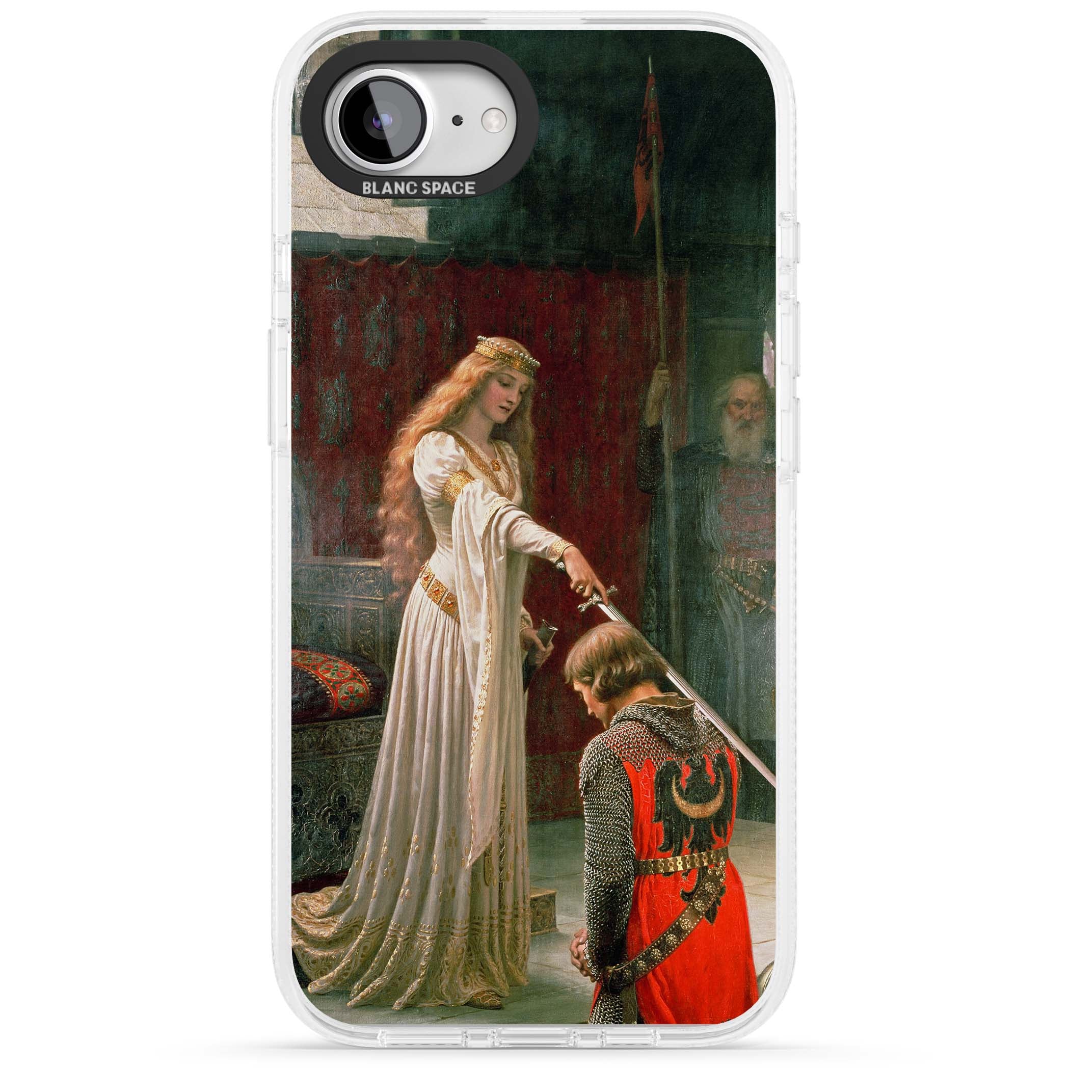 The Accolade renaissance art iPhone case featuring Edmund Blair Leighton's painting of a queen knighting a kneeling knight | Clear Case Impact Air case for iPhone 16e, iPhone 17e