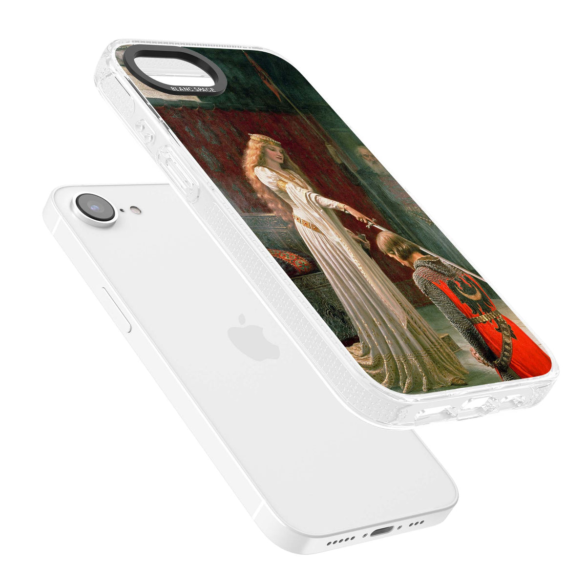 The Accolade renaissance art iPhone case featuring Edmund Blair Leighton's painting of a queen knighting a kneeling knight | Clear Case Impact Air case for iPhone 16e, iPhone 17e