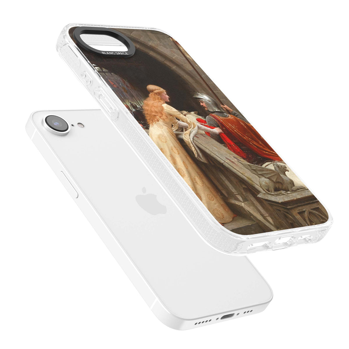 God Speed fine art iPhone case featuring Edmund Blair Leighton's medieval knight and lady beneath a stone archway | Clear Case Impact Air case for iPhone 16e, iPhone 17e