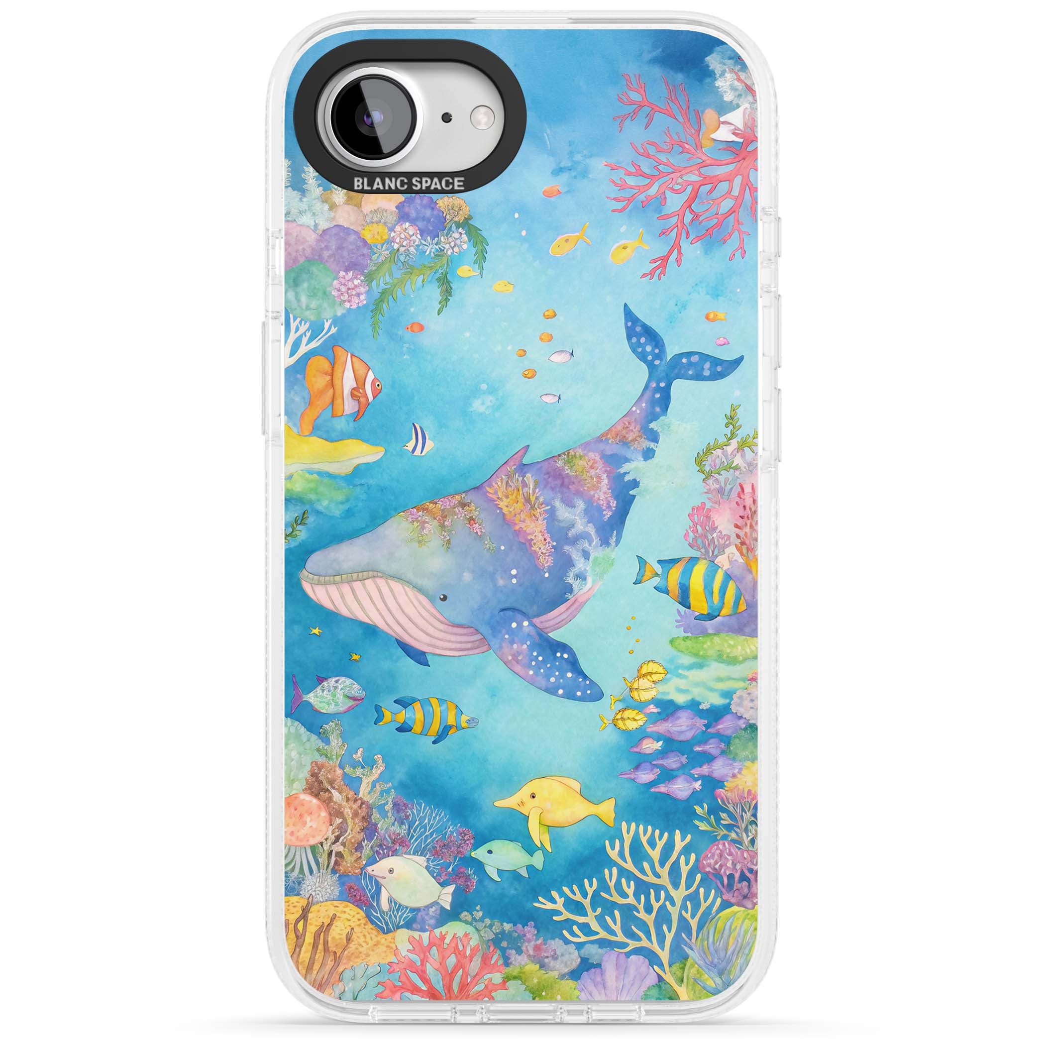 Coral Lagoon ocean iPhone case featuring a watercolour whale, coral reef and tropical fish | Clear Case Impact Air case for iPhone 16e, iPhone 17e