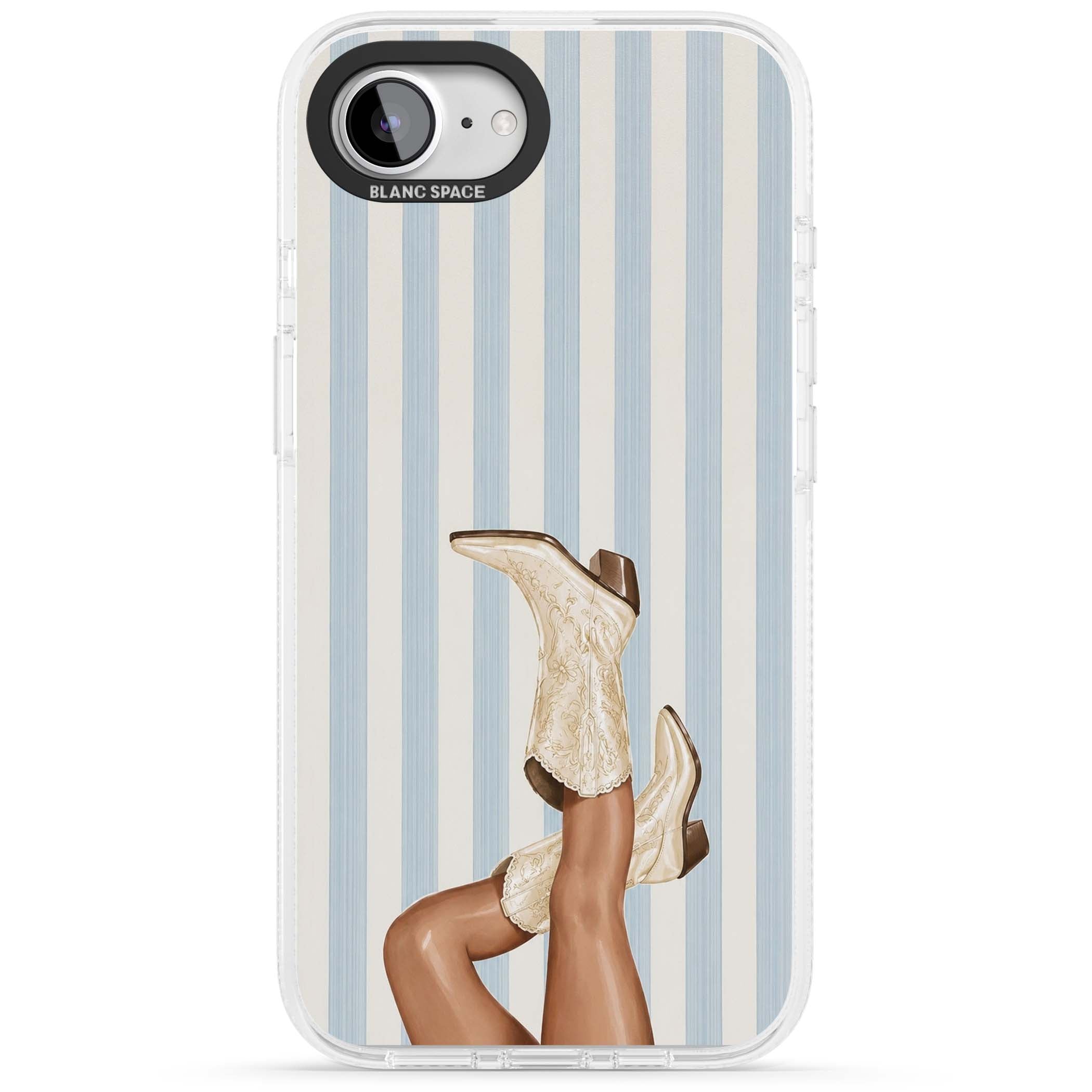 Cowgirl Boots coastal cowgirl iPhone case featuring embroidered western boots, tanned legs and a blue stripe backdrop | Clear Case Impact Air case for iPhone 16e, iPhone 17e