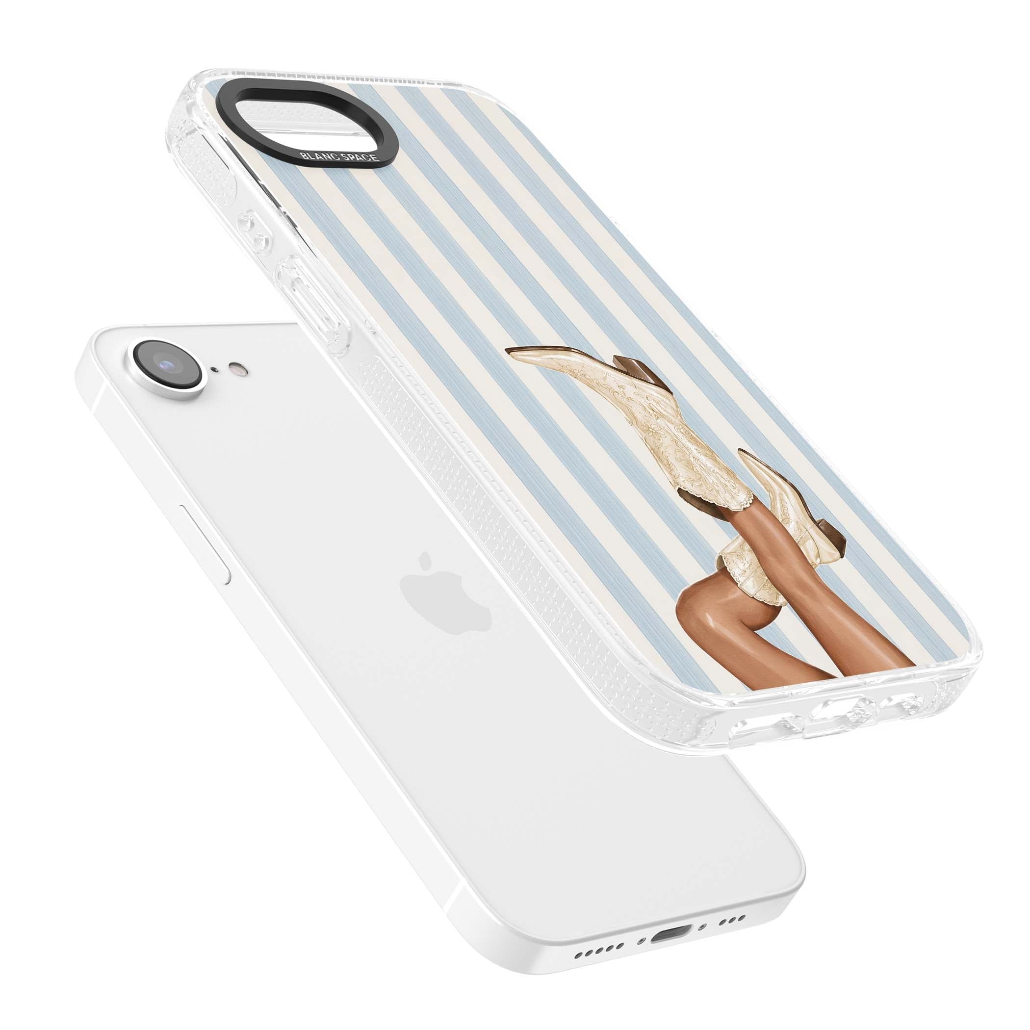 Cowgirl Boots coastal cowgirl iPhone case featuring embroidered western boots, tanned legs and a blue stripe backdrop | Clear Case Impact Air case for iPhone 16e, iPhone 17e