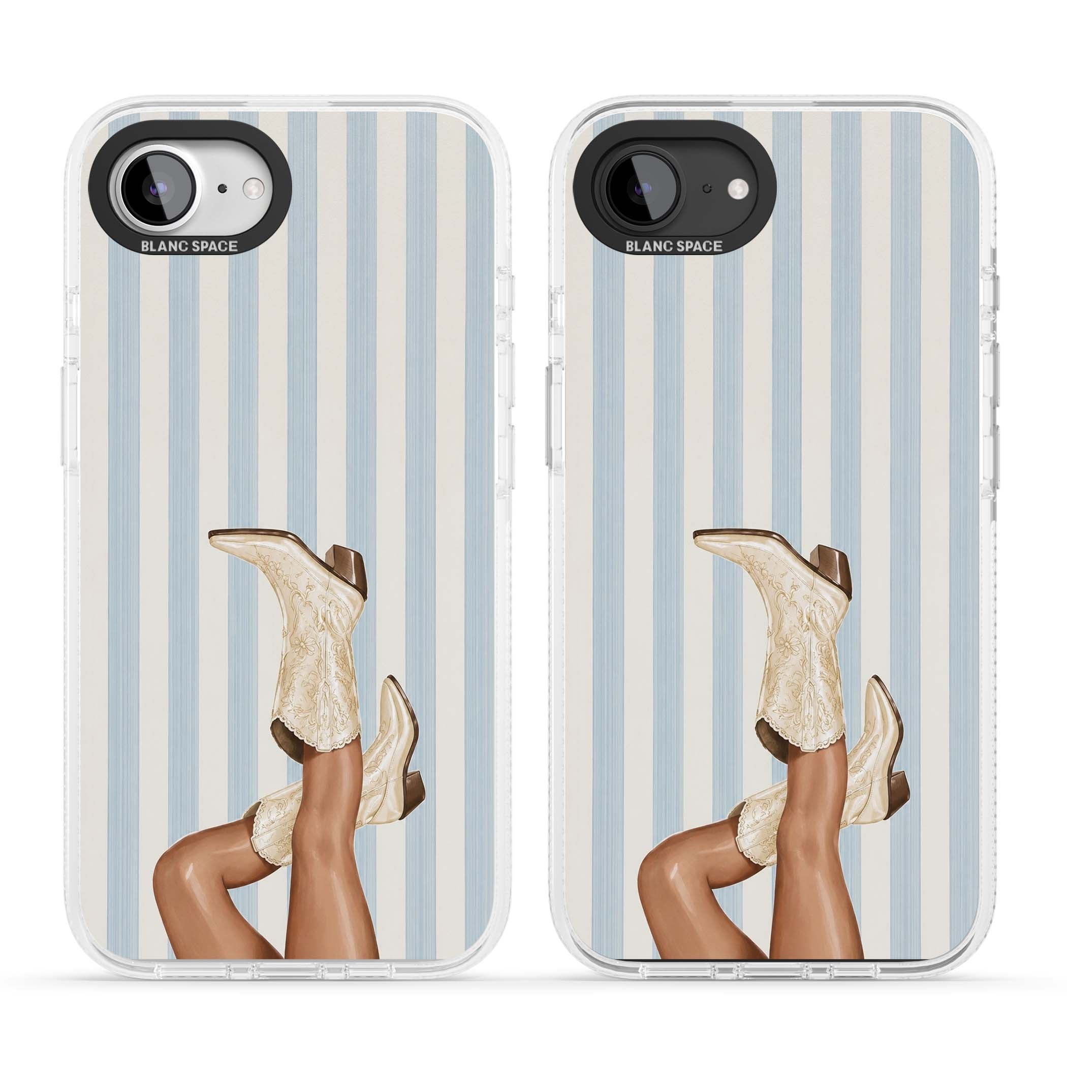 Cowgirl Boots coastal cowgirl iPhone case featuring embroidered western boots, tanned legs and a blue stripe backdrop | Clear Case Impact Air case for iPhone 16e, iPhone 17e