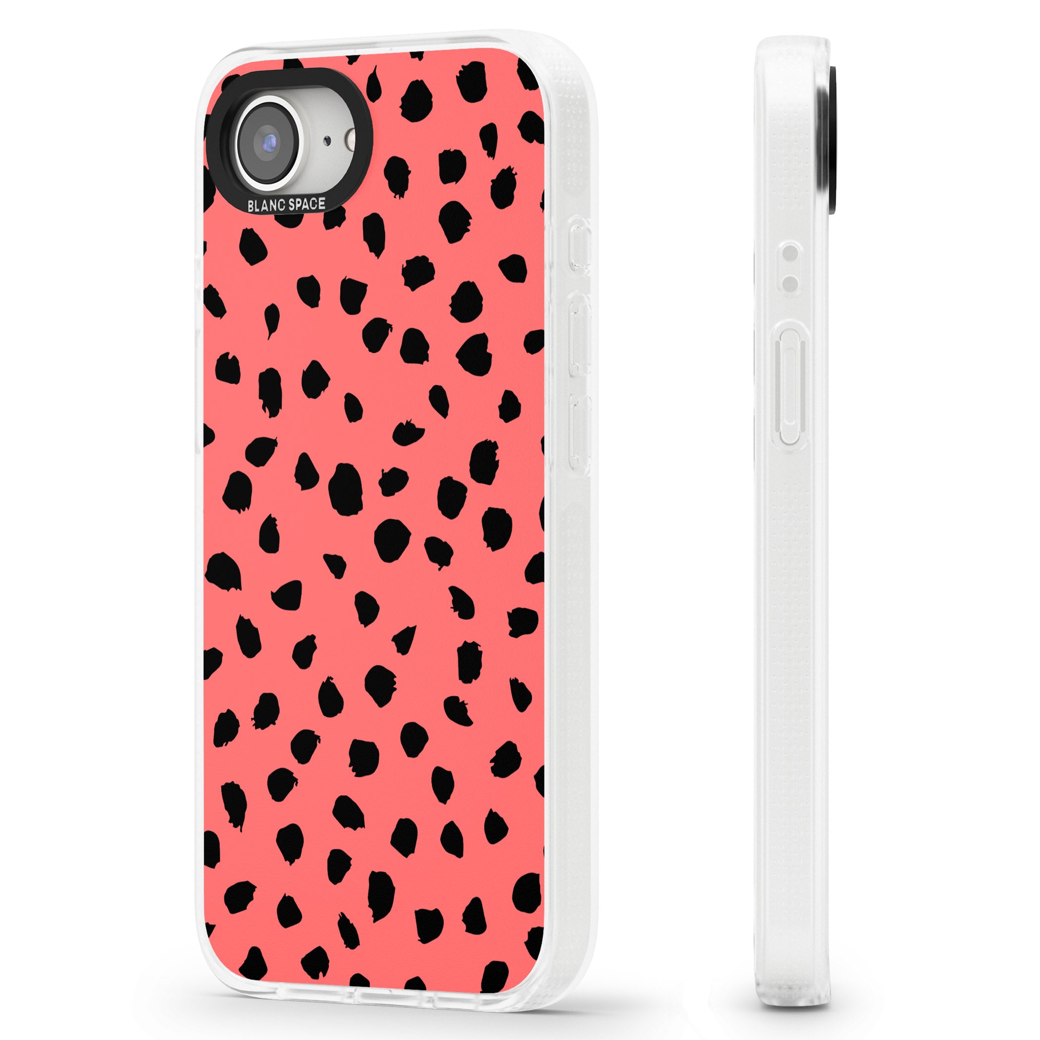 Black on Salmon Pink Dalmatian Polka Dot Spots iPhone 16e Clear Case Impact Air - Blanc Space