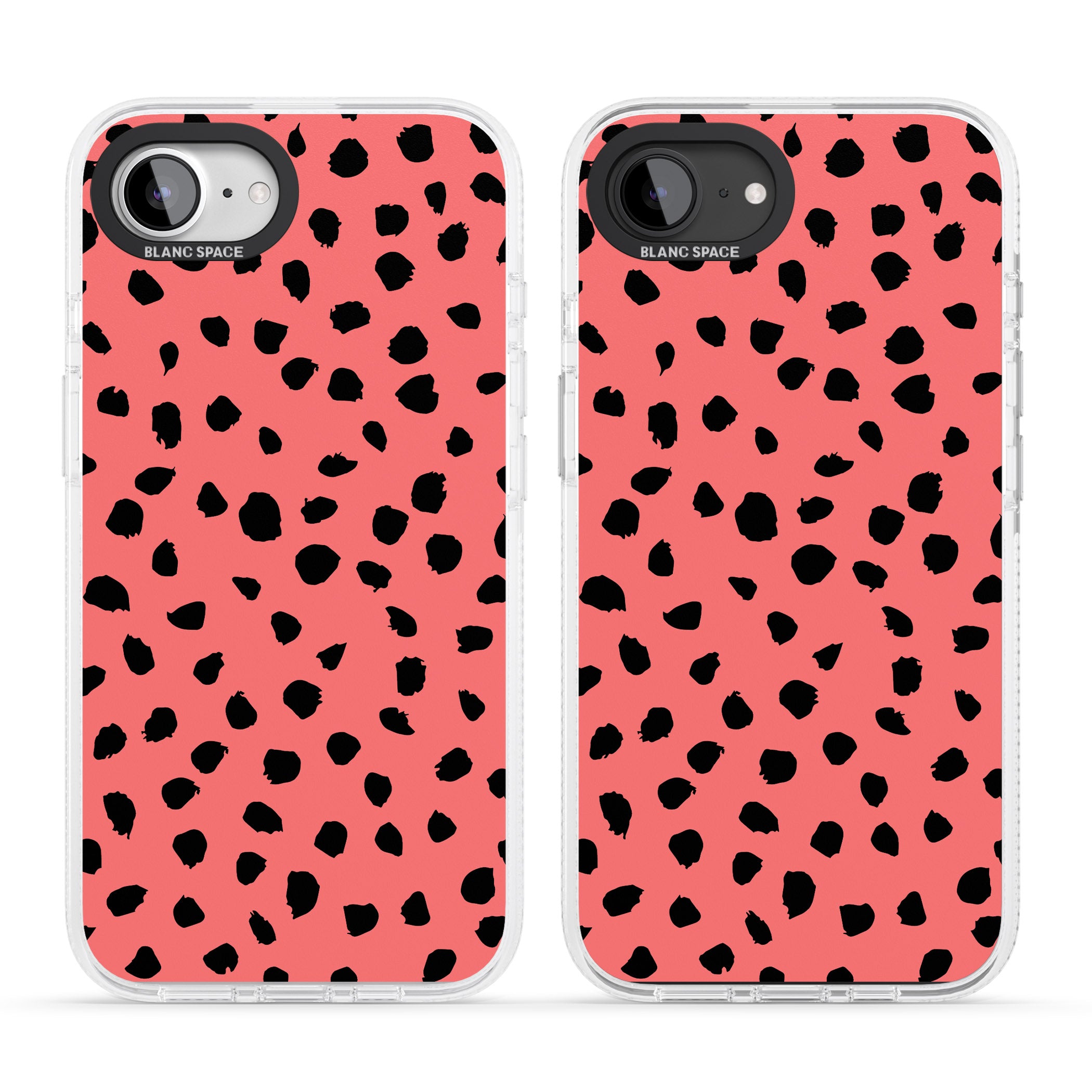 Black on Salmon Pink Dalmatian Polka Dot Spots iPhone 16e Clear Case Impact Air - Blanc Space