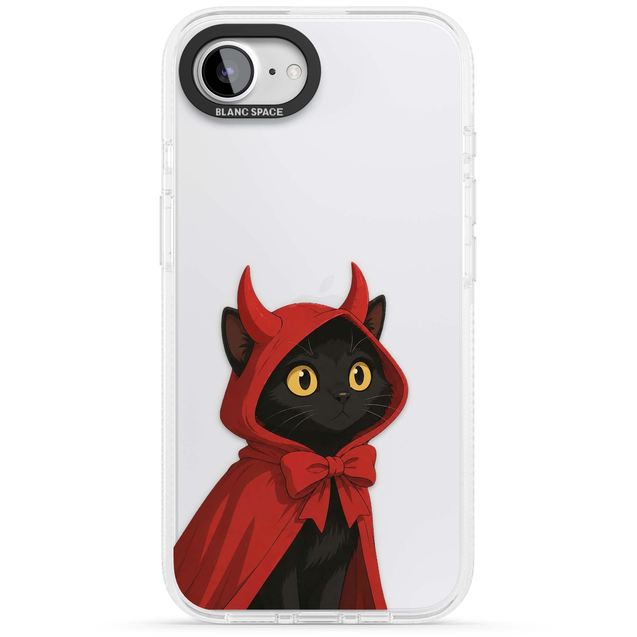 Little Devil halloween iPhone case featuring a black cat in a red hooded devil cloak with horns and golden eyes | Clear Case Impact Air case for iPhone 16e, iPhone 17e