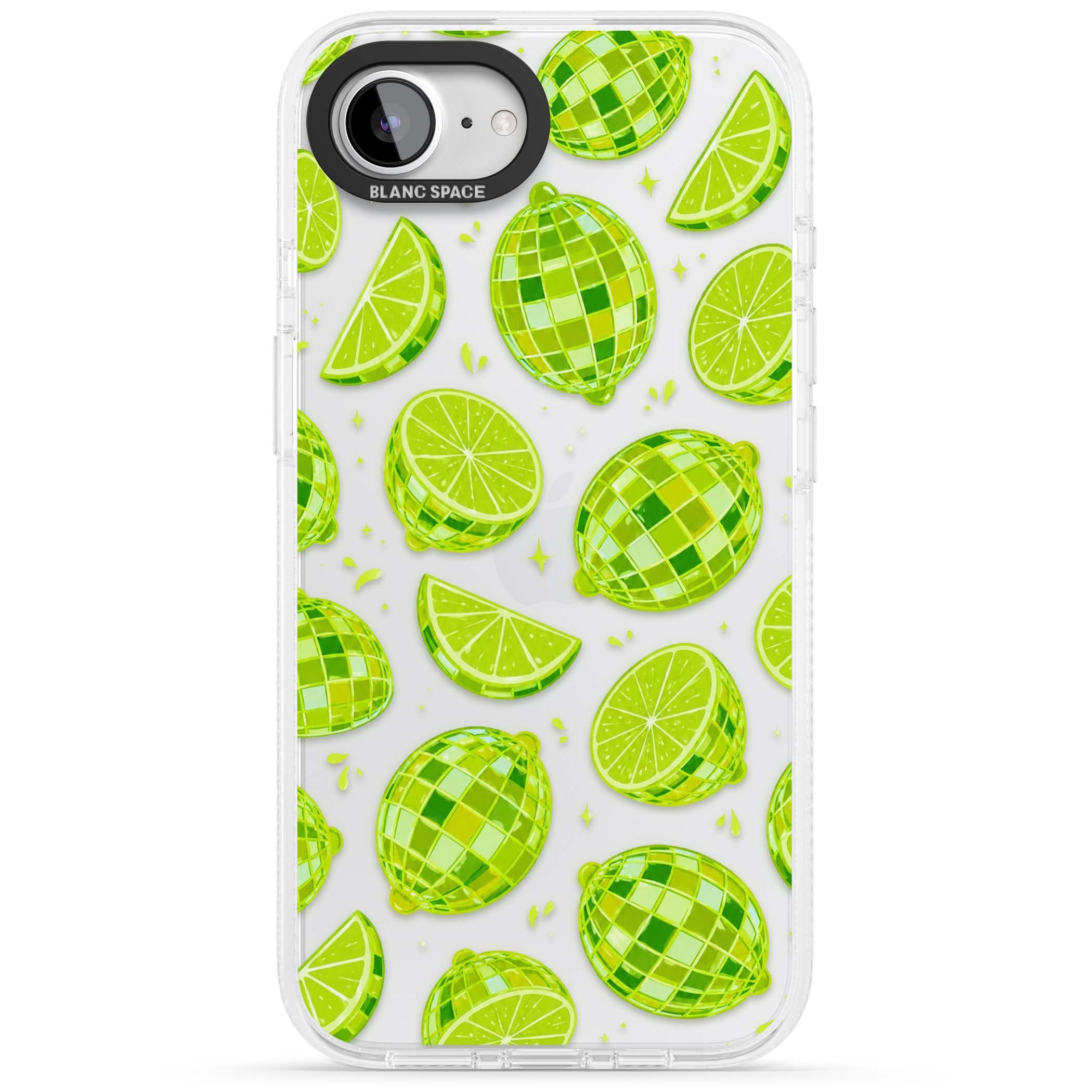 Disco Limes fruit aesthetic iPhone case featuring green disco balls, lime slices and citrus sparkles | Clear Case Impact Air case for iPhone 16e, iPhone 17e