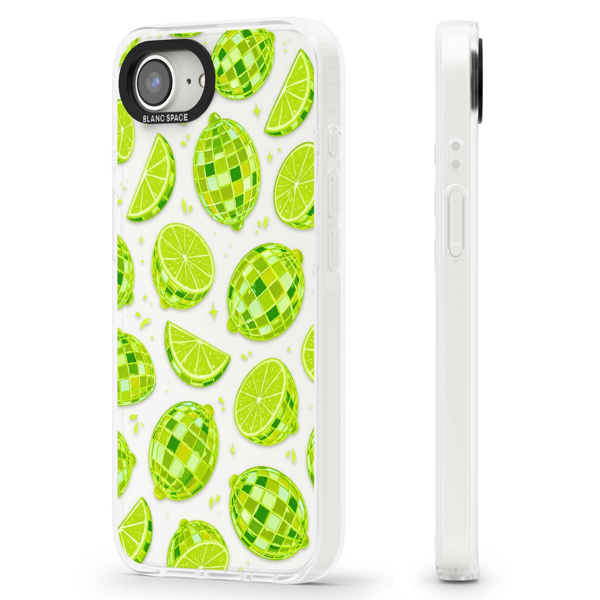 Disco Limes fruit aesthetic iPhone case featuring green disco balls, lime slices and citrus sparkles | Clear Case Impact Air case for iPhone 16e, iPhone 17e